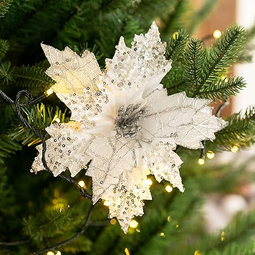 Miniatura 4 de 6 piezas de adornos de flor de Pascua de Navidad, flores artificiales de seda para decoración de corona de árbol de Navidad, 7.8 pulgadas (rojo)