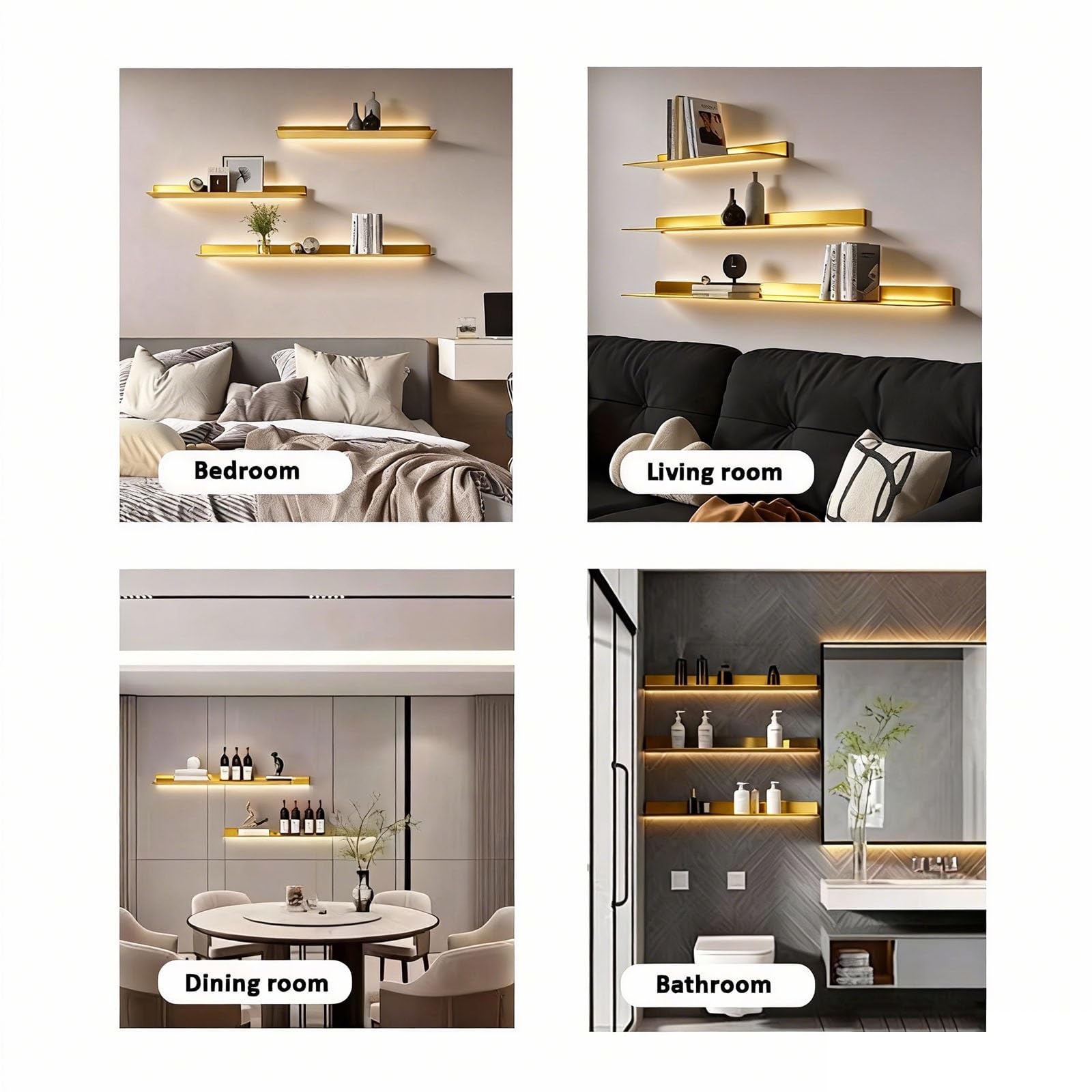 BVCL Scaffale da Parete in Metallo LED, Mensola Sospesa | Per Soggiorno Camera Da Letto Bagno Illuminazione Integrata Luminoso Arredamento d'interni Portabott(Gold,60cm)