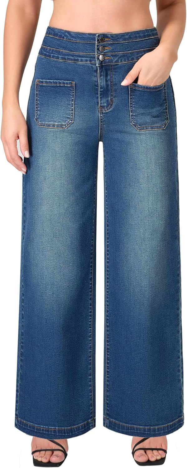 roswear Wide Leg Jeans Woman High Waist Stretchy Loose Denim Pants