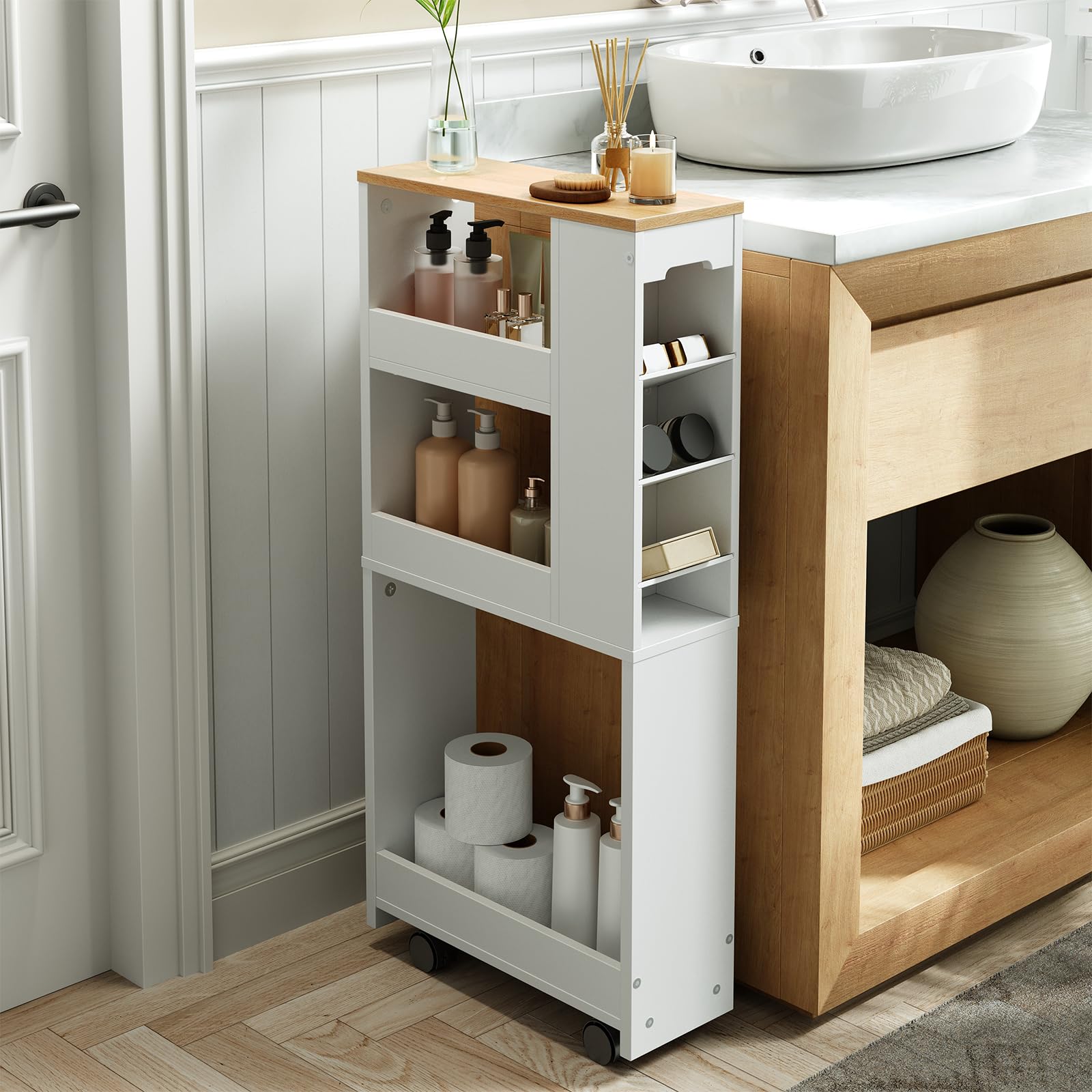 HOOBRO Carro Estrecho de 4 Niveles, 40 x 15 x 85,5 cm, con 4 Ruedas Giratorias Bloqueables, para Espacio Pequeño, Cocina, Baño, Sala de Estar, Blanco y Natural EWN84TC01