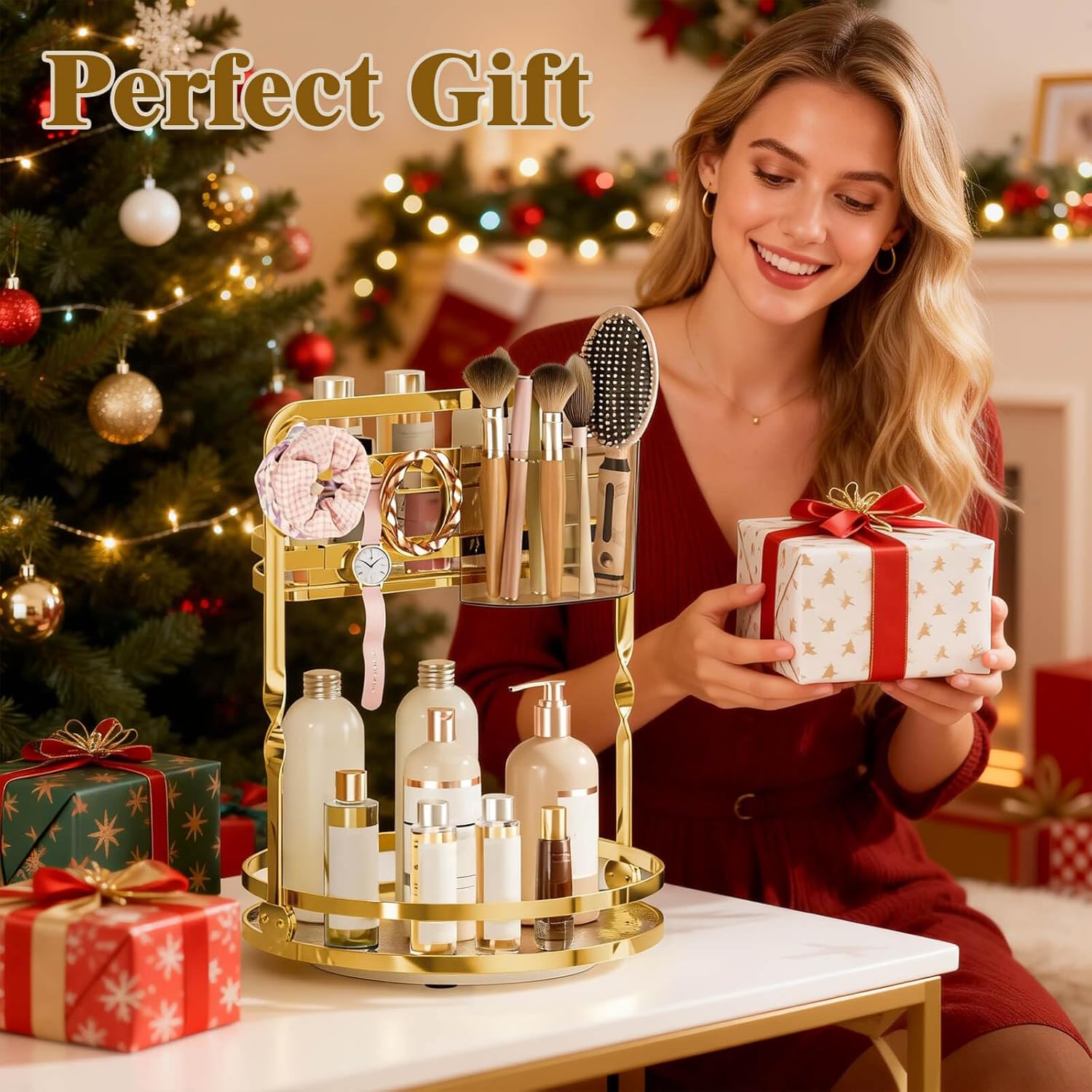 360 Rotating Makeup Organizer, Gold Perfume Organizer, 2 Tier Bathroom Counter Organizer, Multi-Function Spinning Skincare Storage, Cosmetic Display Case with Brush Holder for Vanity Dresser