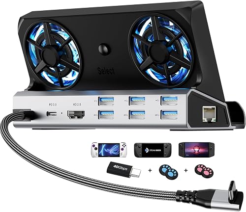 YCBUENO 12-in-1 Steam Deck Dock with Dual Cooling Fans, 4K@60Hz HDMI, 100W PD & Gigabit Ethernet for ROG Ally X, Legion Go, Switch