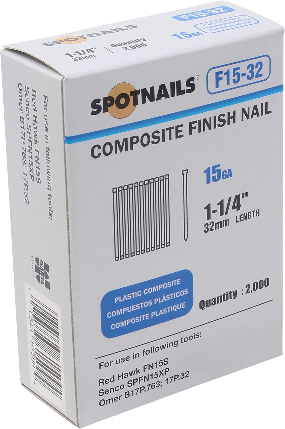 Spotnails F15-32 15GA 1-1/4" Plastic Composite Finish Nail, 2000ct