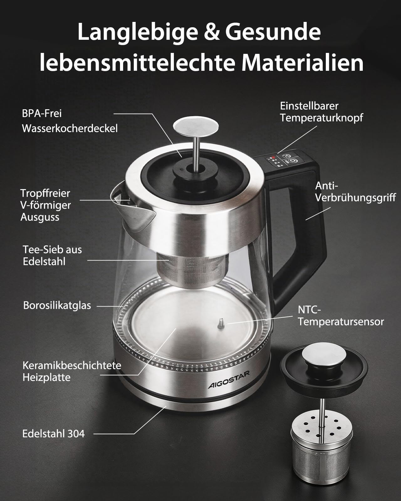 Aigostar Wasserkocher mit Temperatureinstellung, Edelstahl & Glas, BPA-frei | Keramikbeschichtung Kalkfrei Teemaschine, 1,7 Liter, 2200 Watt, Schnelles Kochen, Warmhaltefunktion, für Büro & Partys