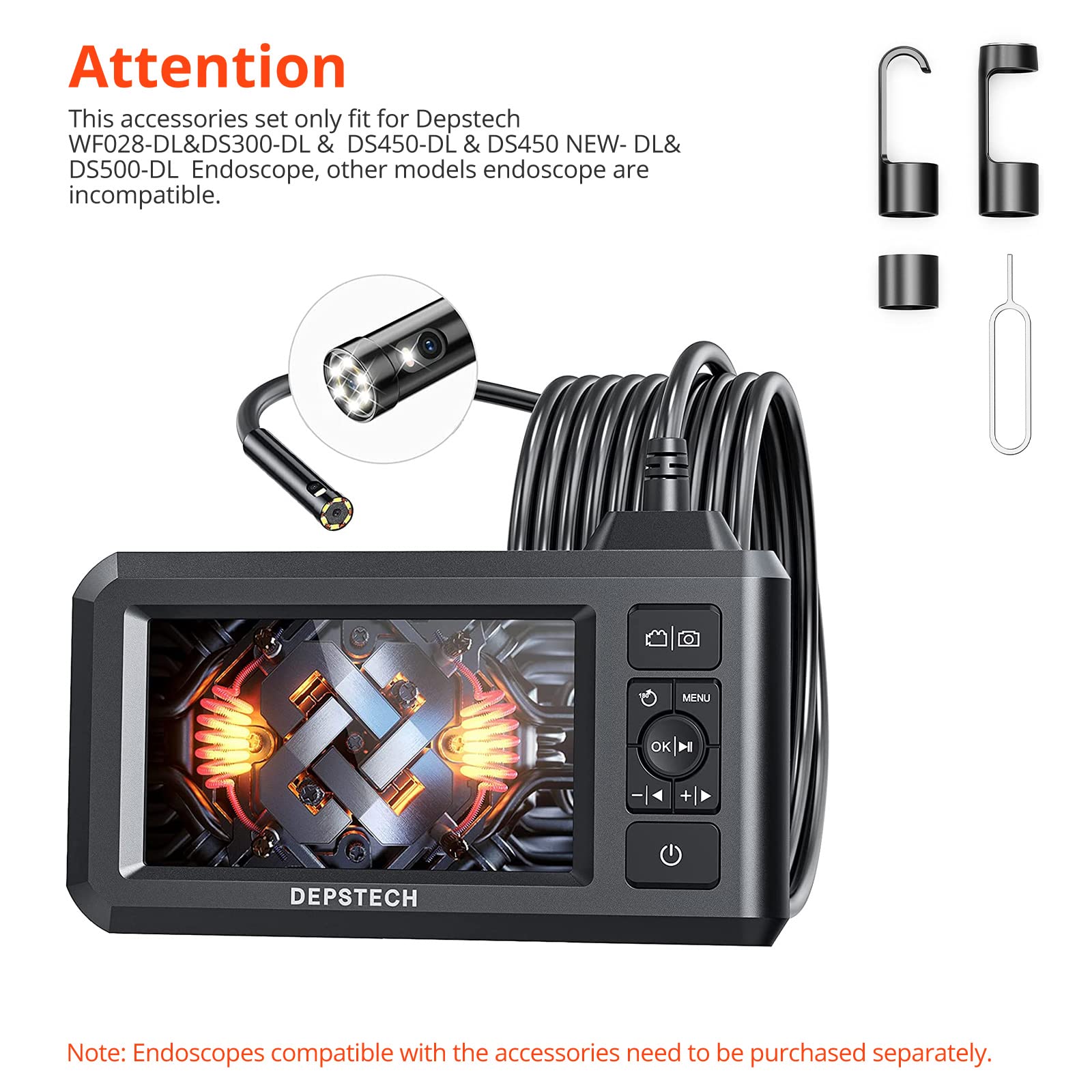 DEPSTECH Accessories Including Hook Magnet Protective Cap Reset Pin, for DEPSTECH DS300 DS520 WF028 DS350 DS500 DS600 DS450 Dual Lens Inspection Camera, 7.9mm Dia Probe - Black