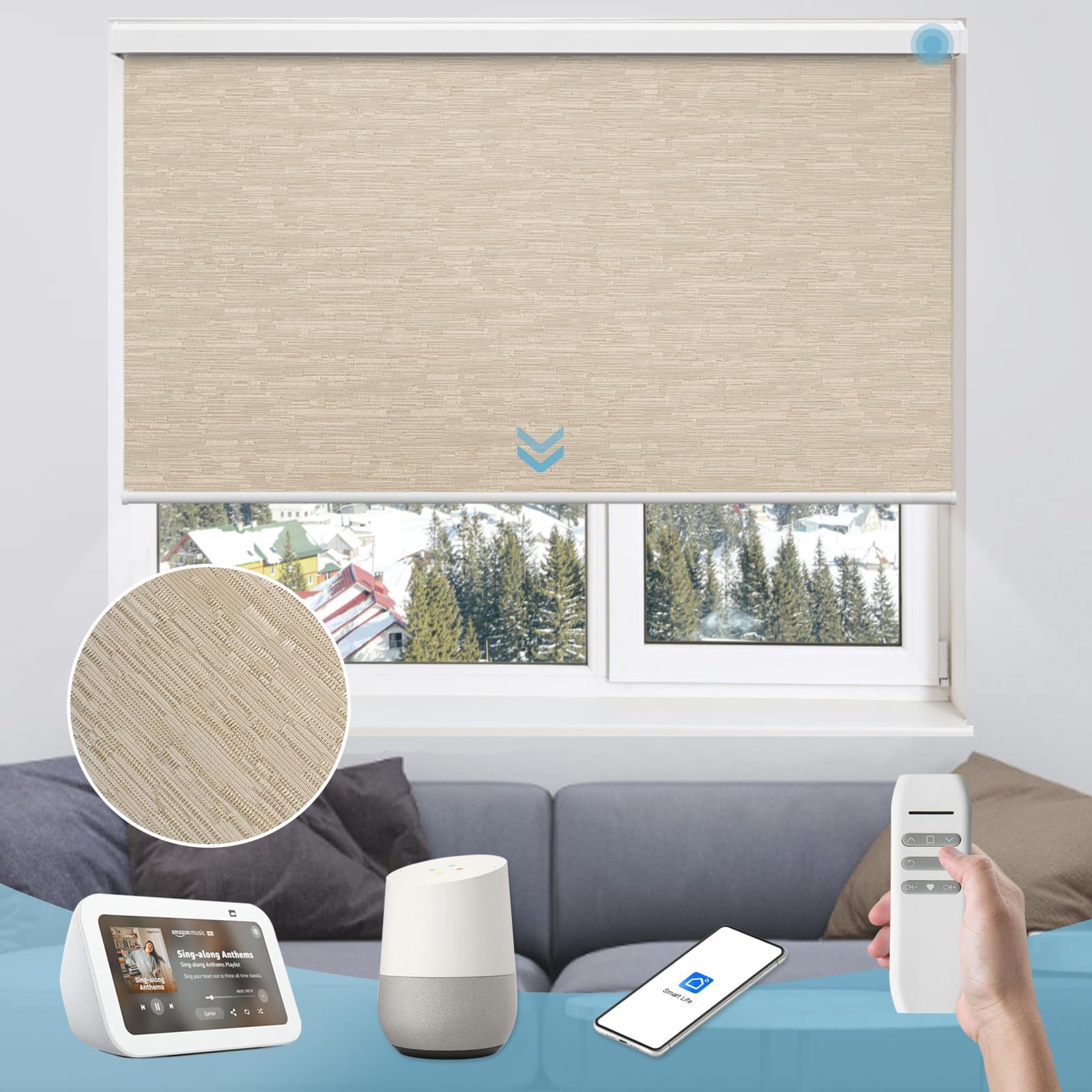 Motorized Roller Shade, Smart Blackout Shade for Window with Remote, Automatic Blind for Smart Home, Free Stop Cordless Shade Customized Size (Jacquard Coffee)