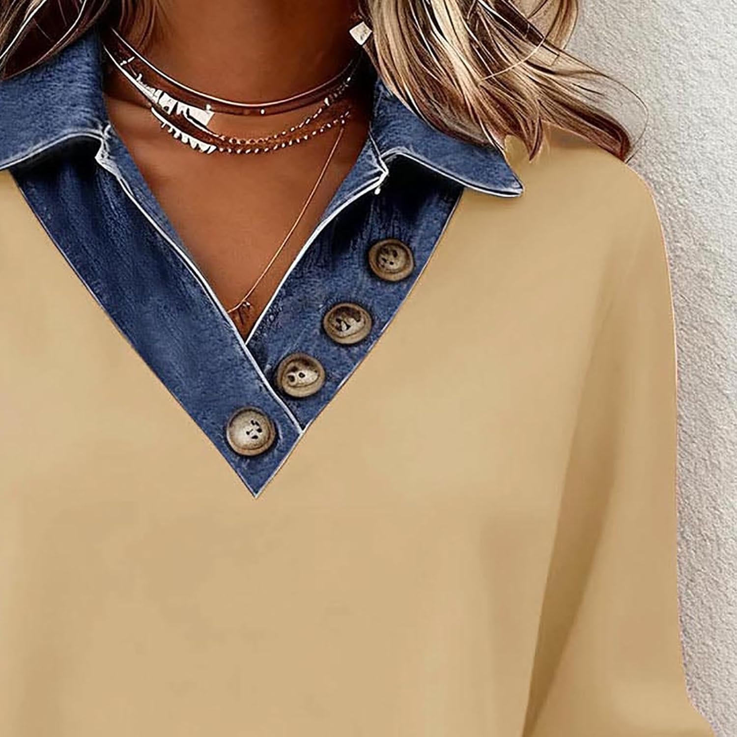 Long Sleeve Shirts for Women Denim Patchwork Pullover Tops Dressy Casual V Neck Sweatshirt Work Office Shirt Blouse - Image 3