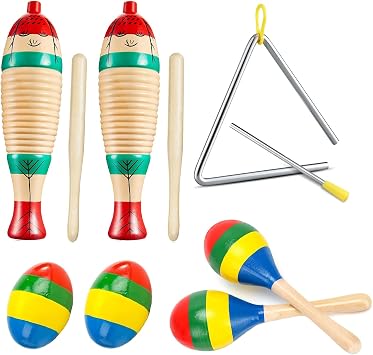 Guiro Instrument, Wooden Maracas For Adults, Wooden Egg Shakers, 6IN Musical Steel Triangle, Latin Percussion Colorful Wooden Musical Instruments for Adults, Parties, Festivals