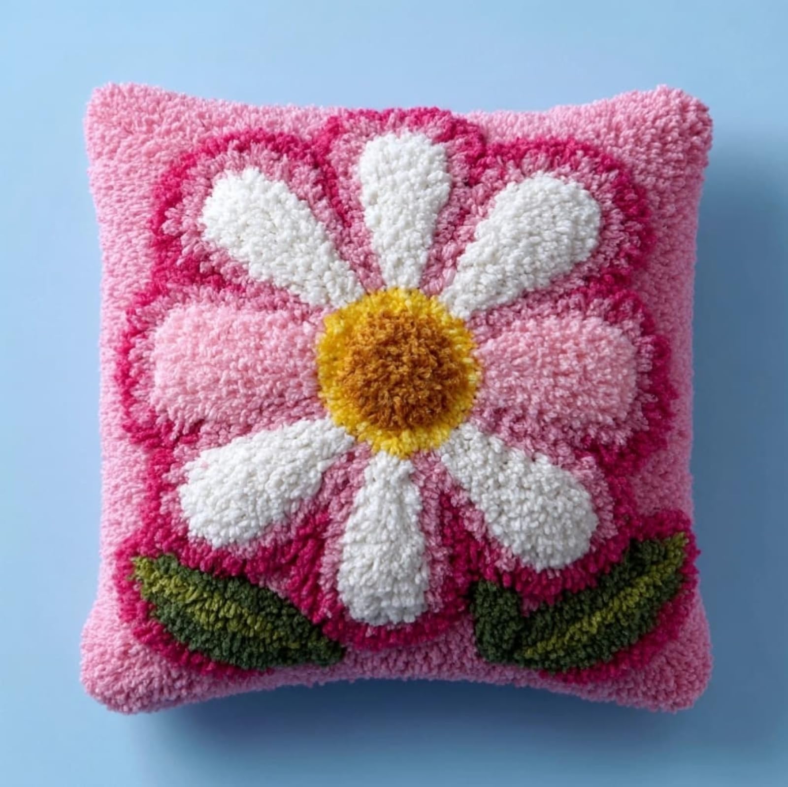 AxiangziK Latch Hook Pillow Craft Kit,Pink Daisies 43x43cm/17x17Inch,Complete Starter Kit for Beginners & Craft Enthusiasts