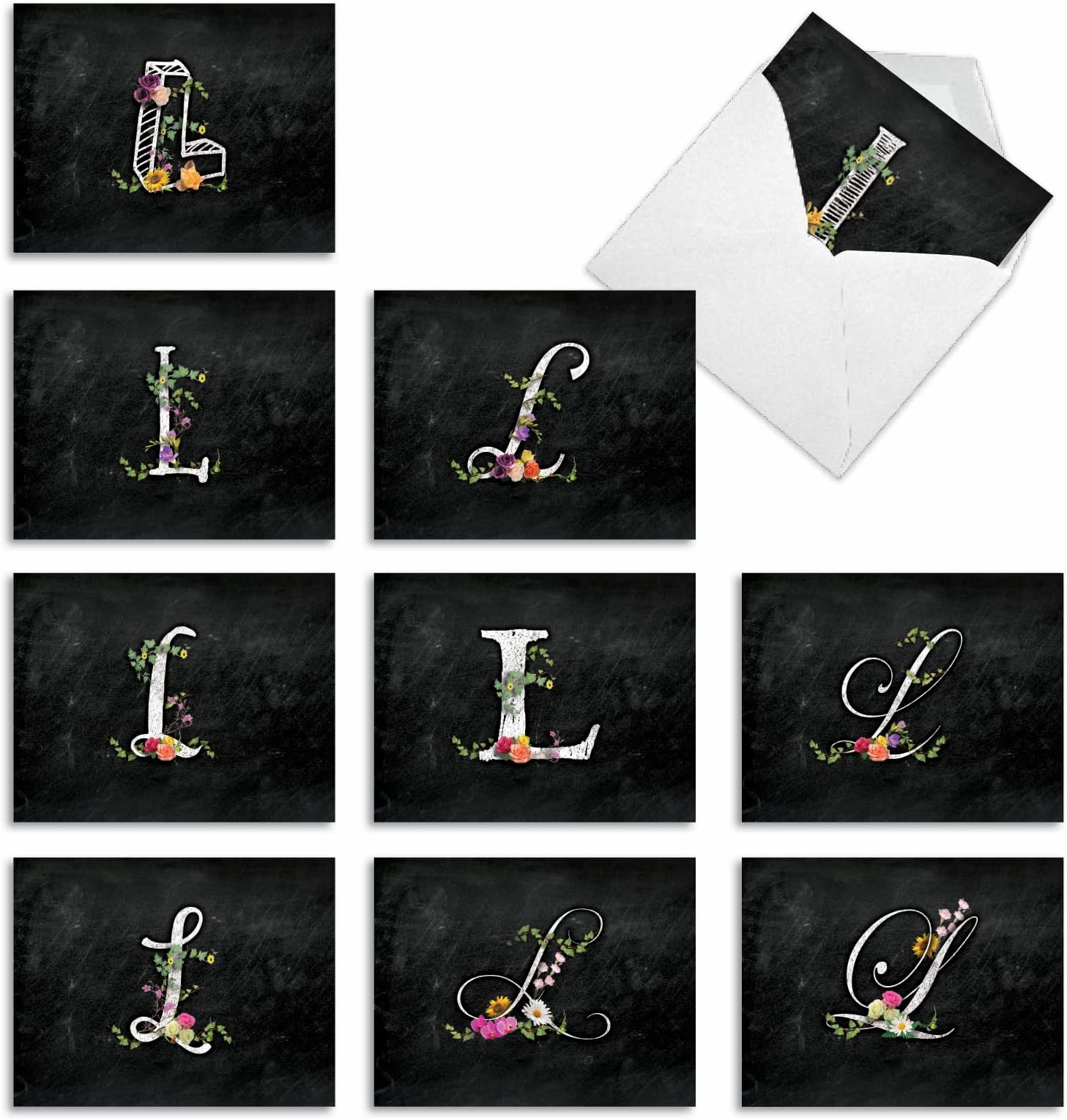 The Best Card Company - 20 Assorted Colored Monogram Blank Notecards, Personal Stationary Bulk Box Set 4 X 5.12 Inch W/Envelopes, Miss You And Just Because Notes - Dragon Initials L AM10317OCB-B2x10