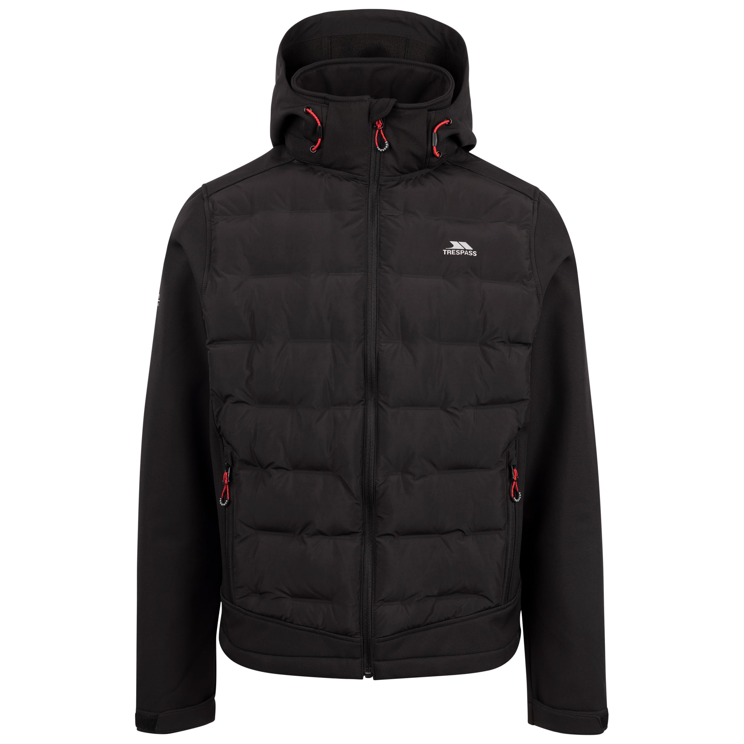 Trespass Men's Black Softshell Jacket Alwero - Waterproof 8000 Mm, Ultrasonic Compound Front Panel, Adjustable Zip Off Hood, 2 Zip Pockets, Adjustable Cuff, Draw Cord Hem