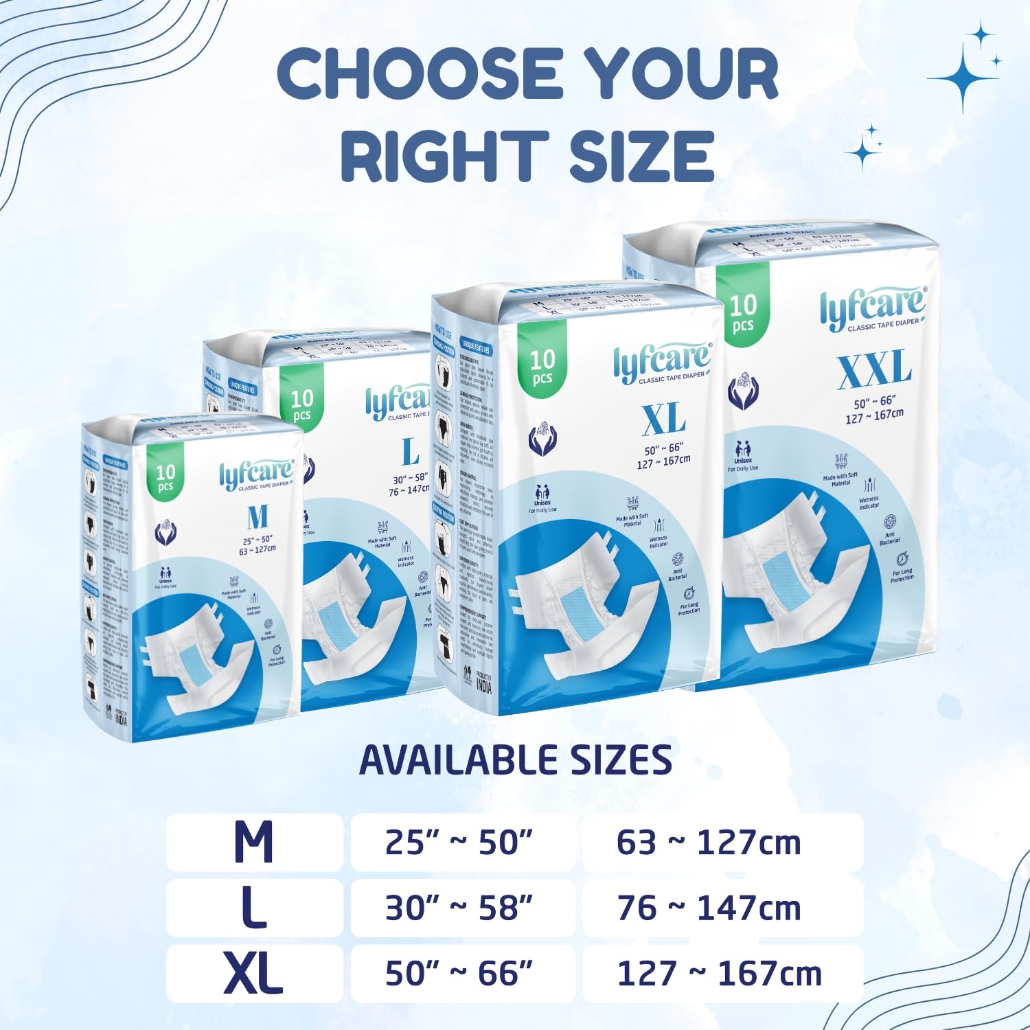 Lyfcare Open Tape Adult Diaper Medium Size (M) - 10 units | Unisex Diaper Open Tape Style | Waist (63–127 cm) | Wetness indicators, super absorption, 360 ° protection and 0% leakage | For men and women Lyfcare Open Tape Adult Diaper Medium Size (M) - 10 units | Unisex Diaper Open Tape Style | Waist (63–127 cm) | Wetness indicators, super absorption, 360 ° protection and 0% leakage | For men and women