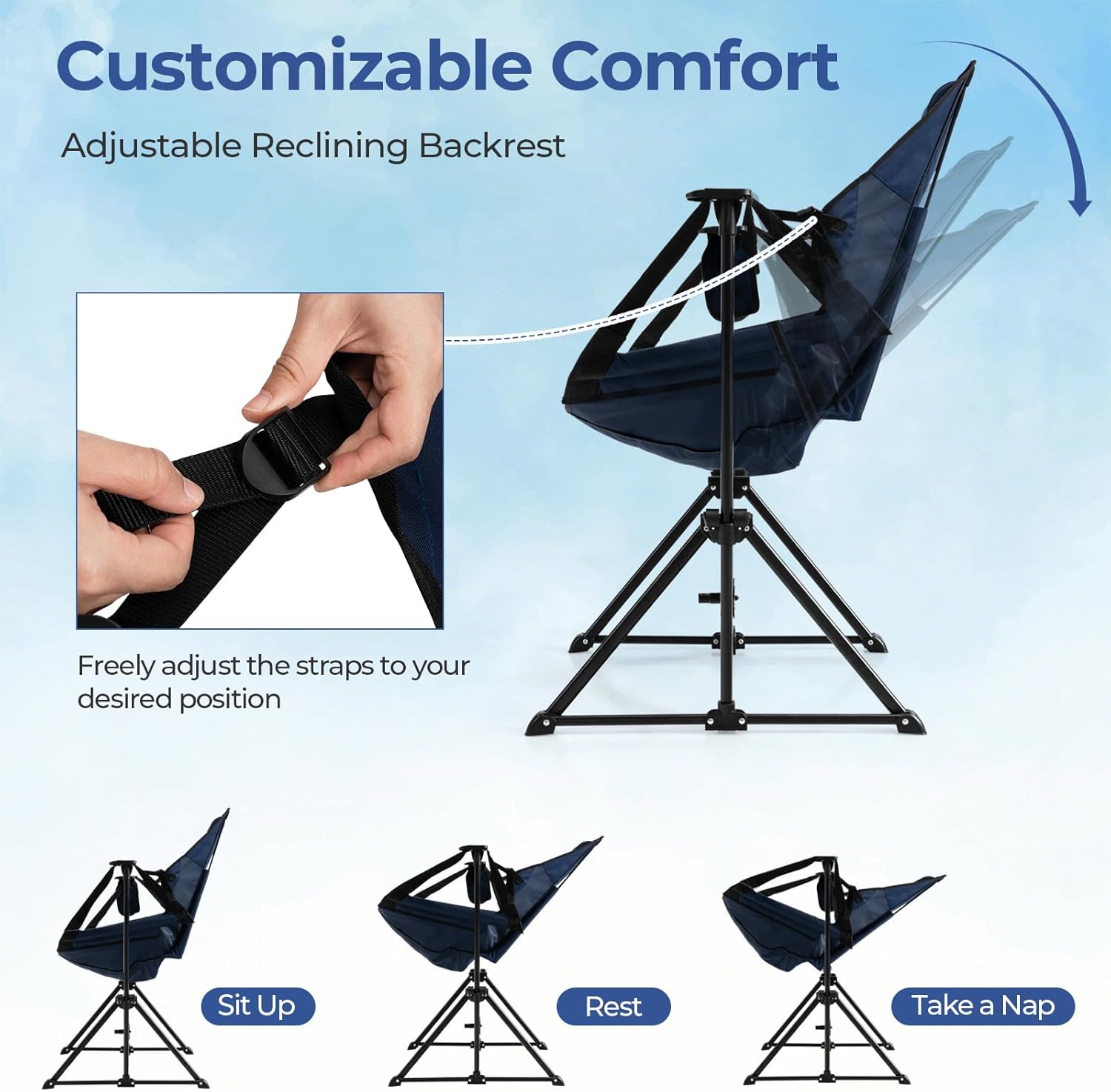 Diagram showing how to adjust the reclining backrest using straps.