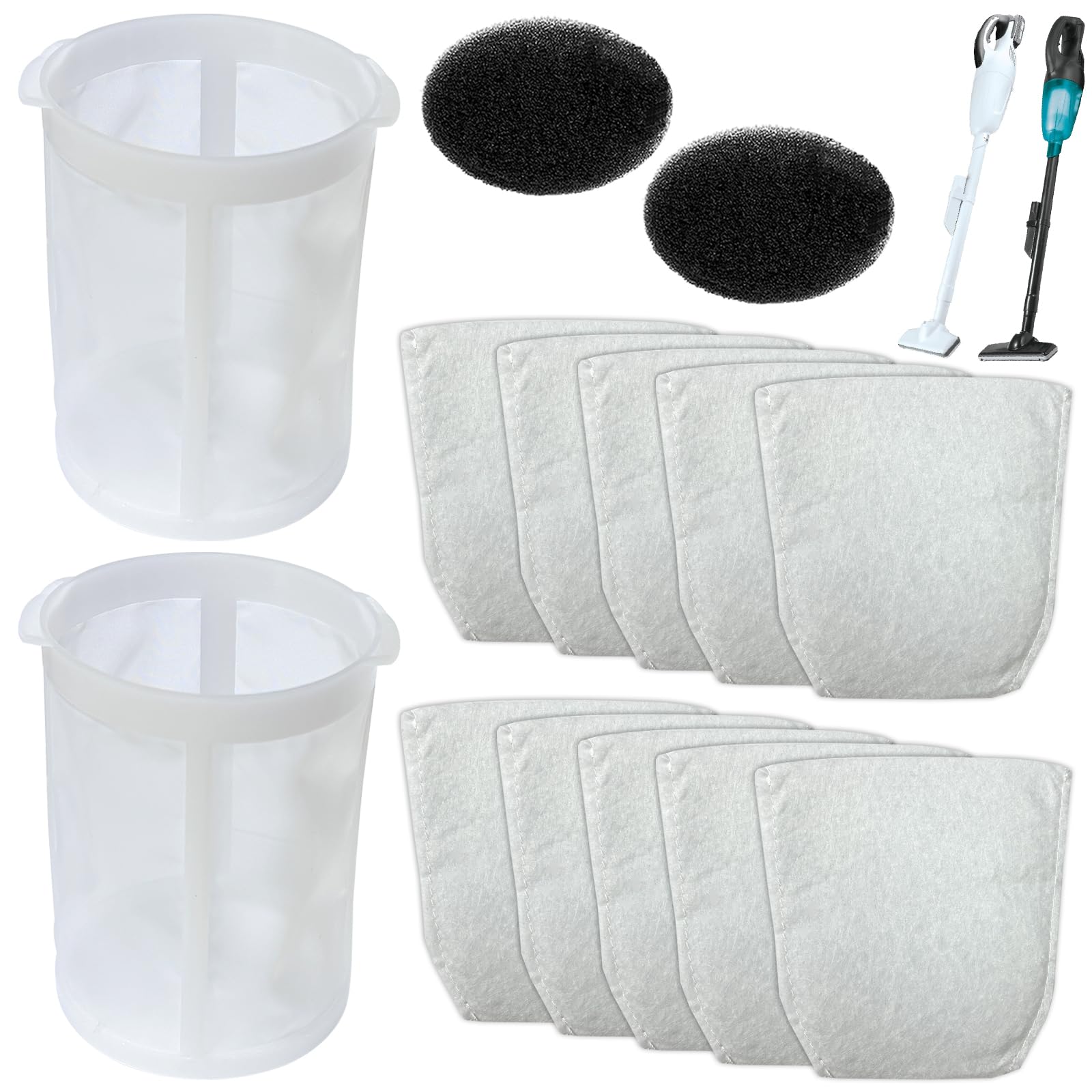 14 PCS Vacuum Replacement Filter Set, Compatible with Makita CL100/106/180/183/DCL180 Cordless Vacuum Cleaner Models. Contains 10 Filters (443060-3), 2 Pre-Filters (451208-3) & 2 Foam Filters