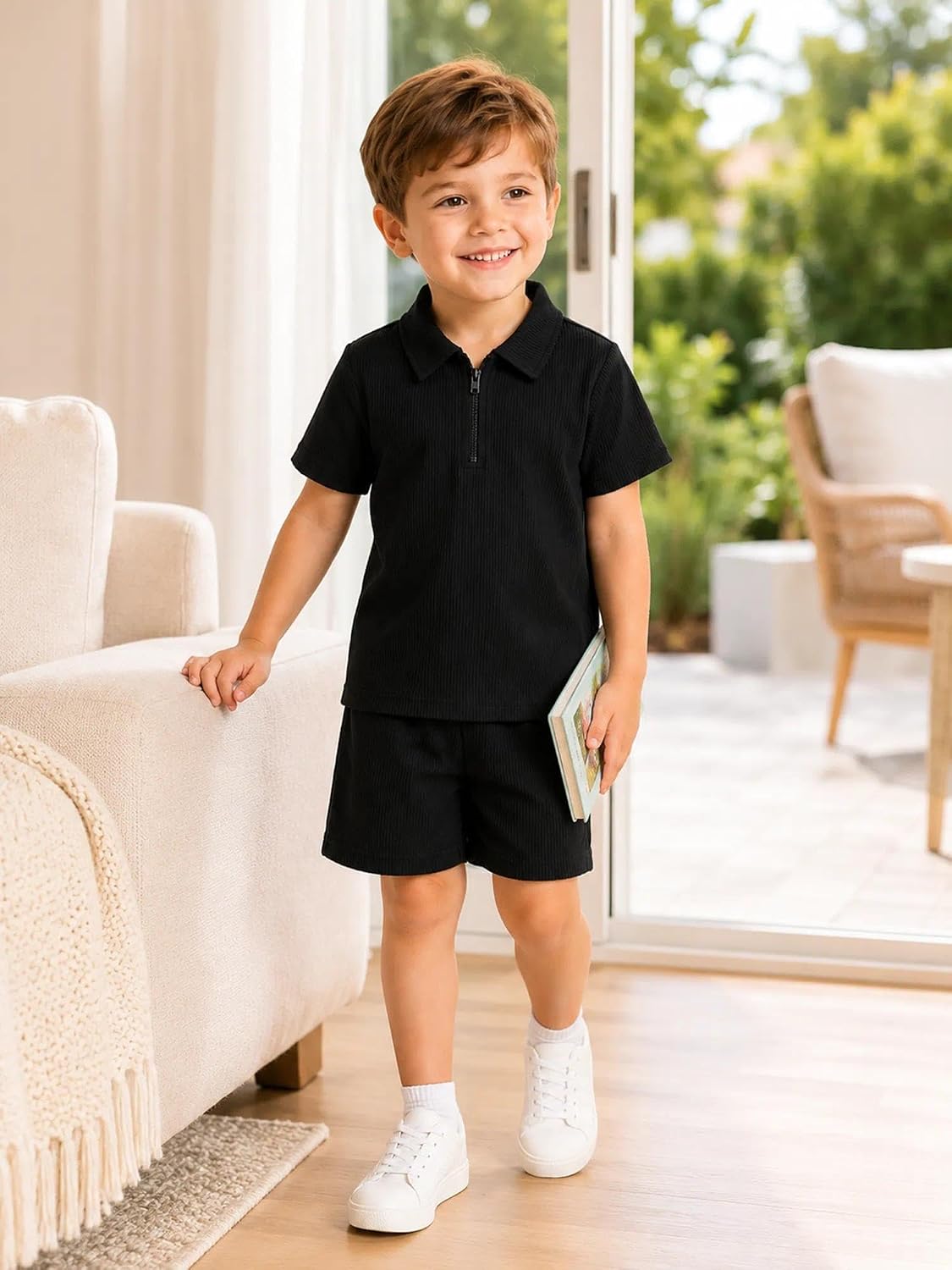 Boys Summer Outfits Ribbed Knit Polo Shirt and Shorts 2 Piece Set