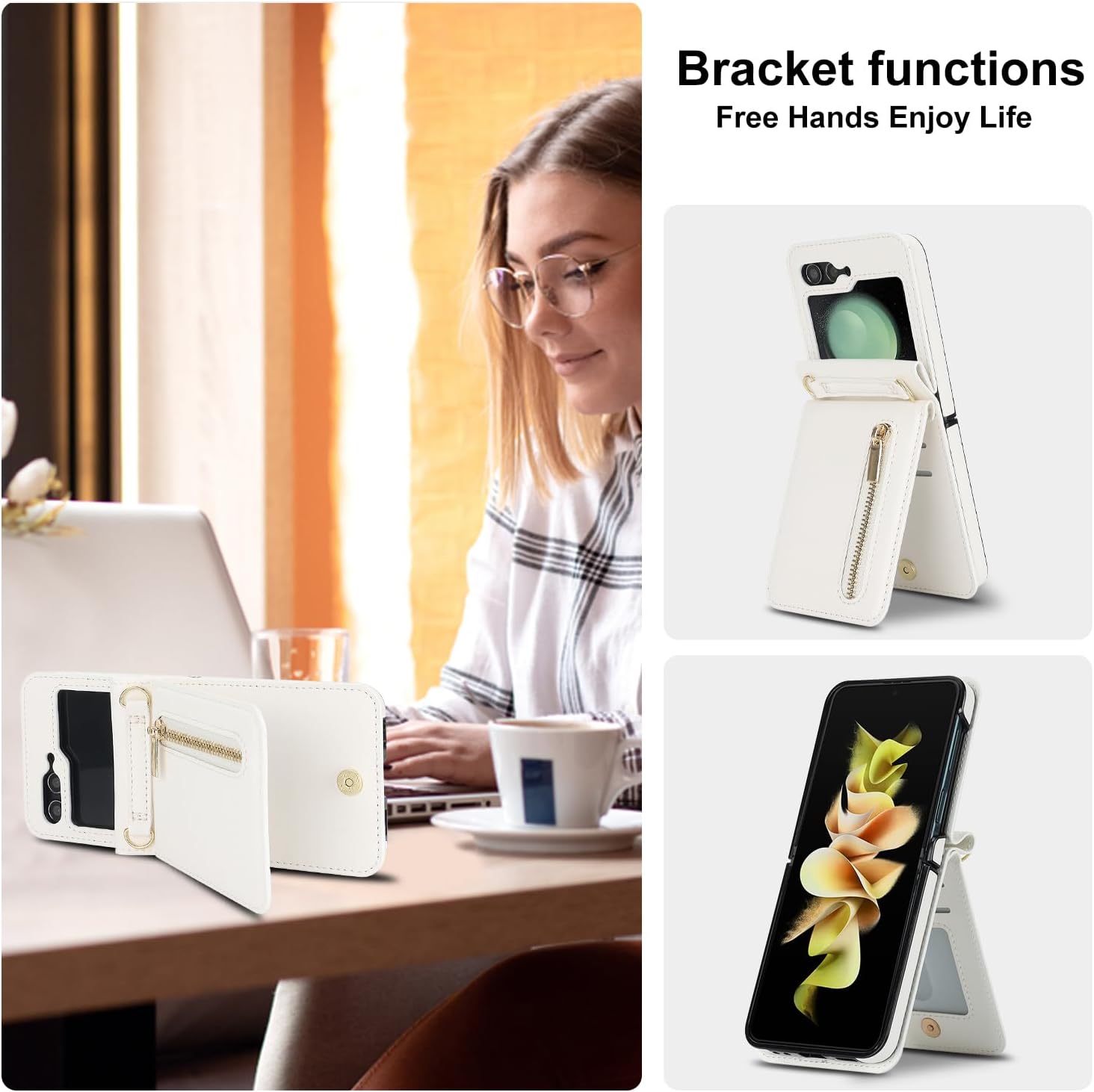 for Samsung Galaxy Z Flip 6 Luxury Zipper Wallet Phone Case, Multi-Function Kickstand Card Holder Adjustable Crossbody Strap, Fashion Flip Case.(White)