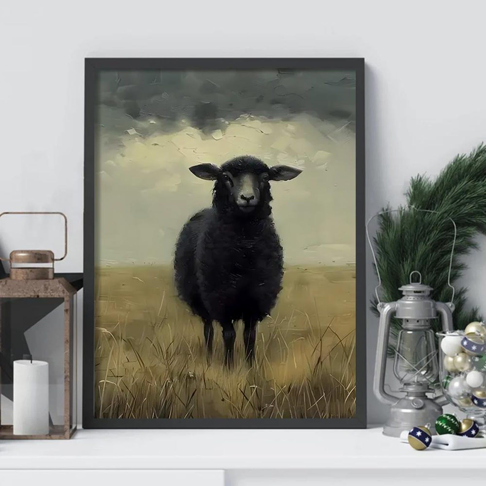 CAOXTART Nowoczesny minimalistyczny wystrój domu, czarna owca plakat z nadrukiem na płótnie: rustykalny dom sztuka ścienna vintage rustykalny obraz zwierzęcy (70 x 110 cm/rama wewnętrzna)