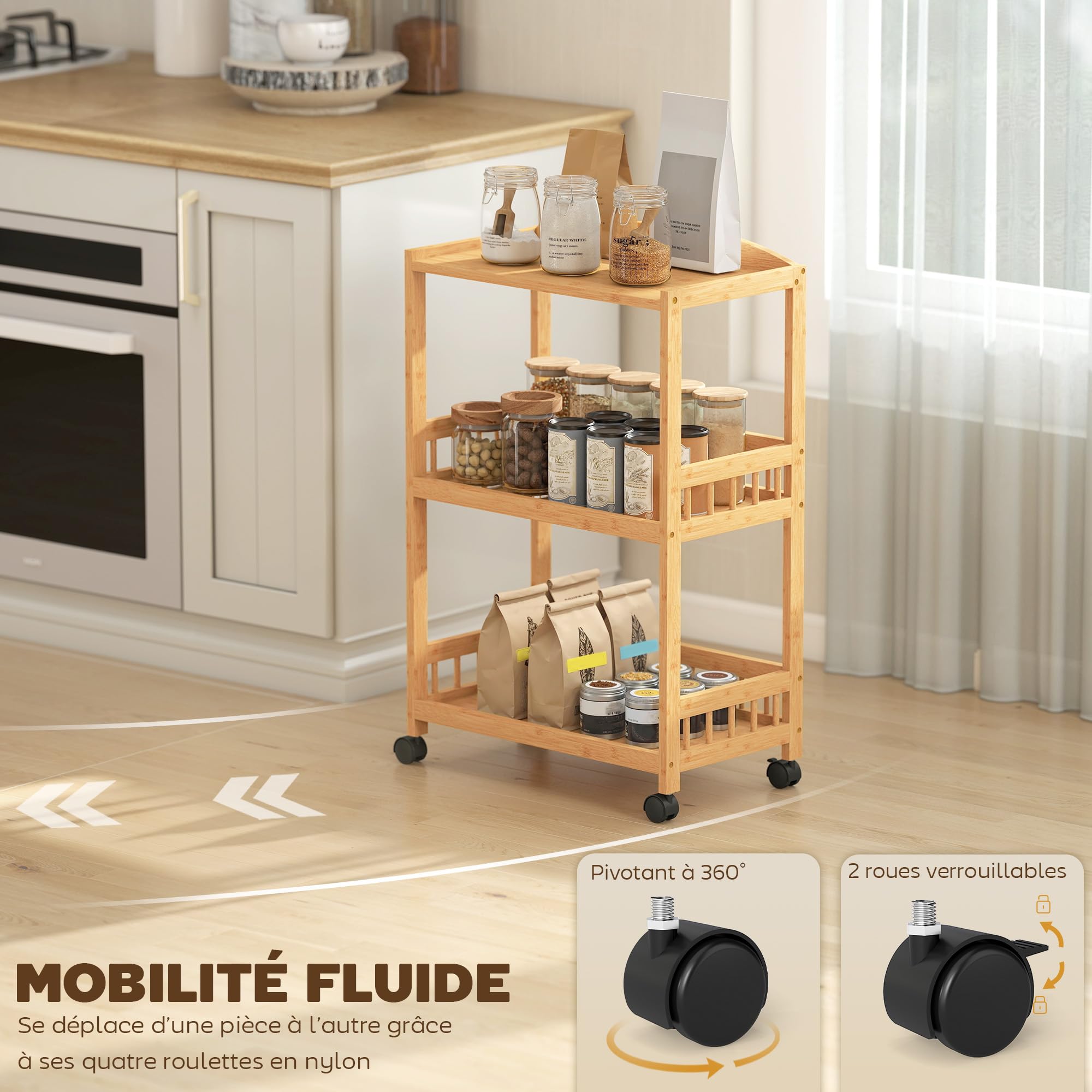 HOMCOM Chariot de Cuisine à 3 Niveaux, desserte à roulettes en Bambou, desserte Cuisine Multifonctionnel pour Chambre, Salon, Bureau, 53 x 30,5 x 83 cm, Bois Naturel