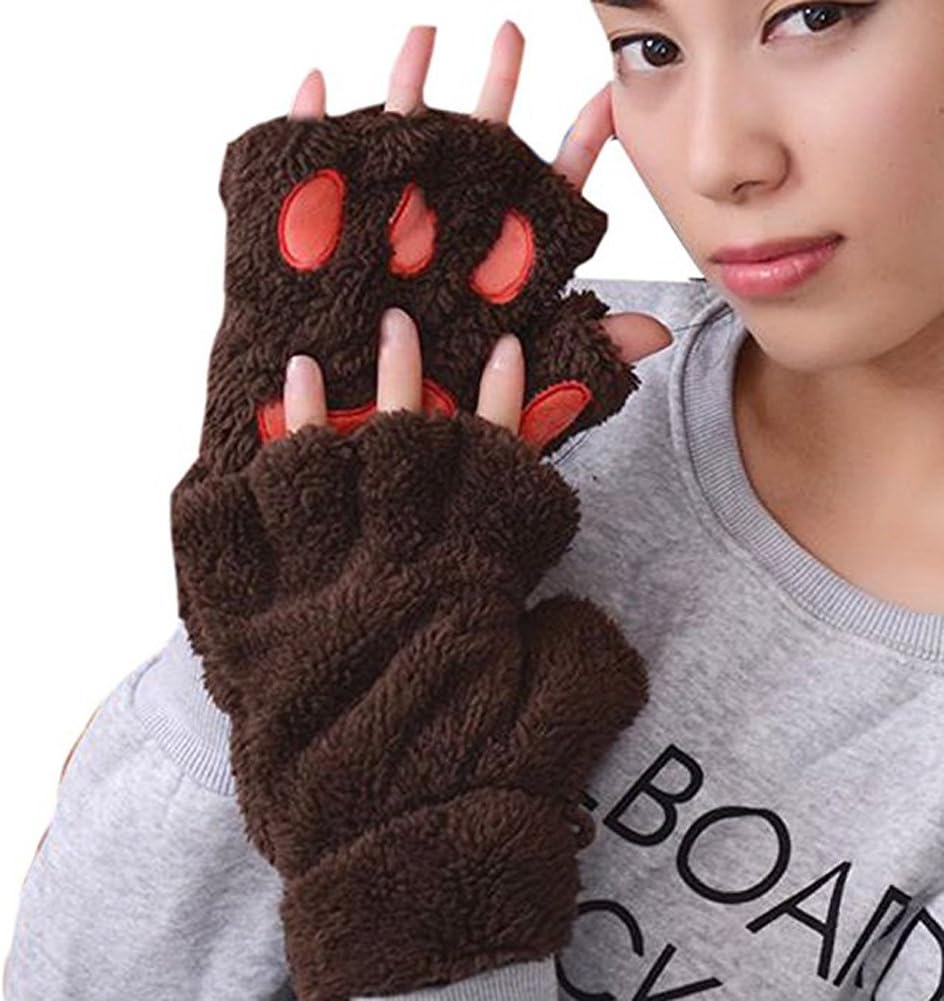 Women Bear Plush Cat Paw Half-Cover Fingerless Gloves Soft Thick Winter Mittens (Brown)