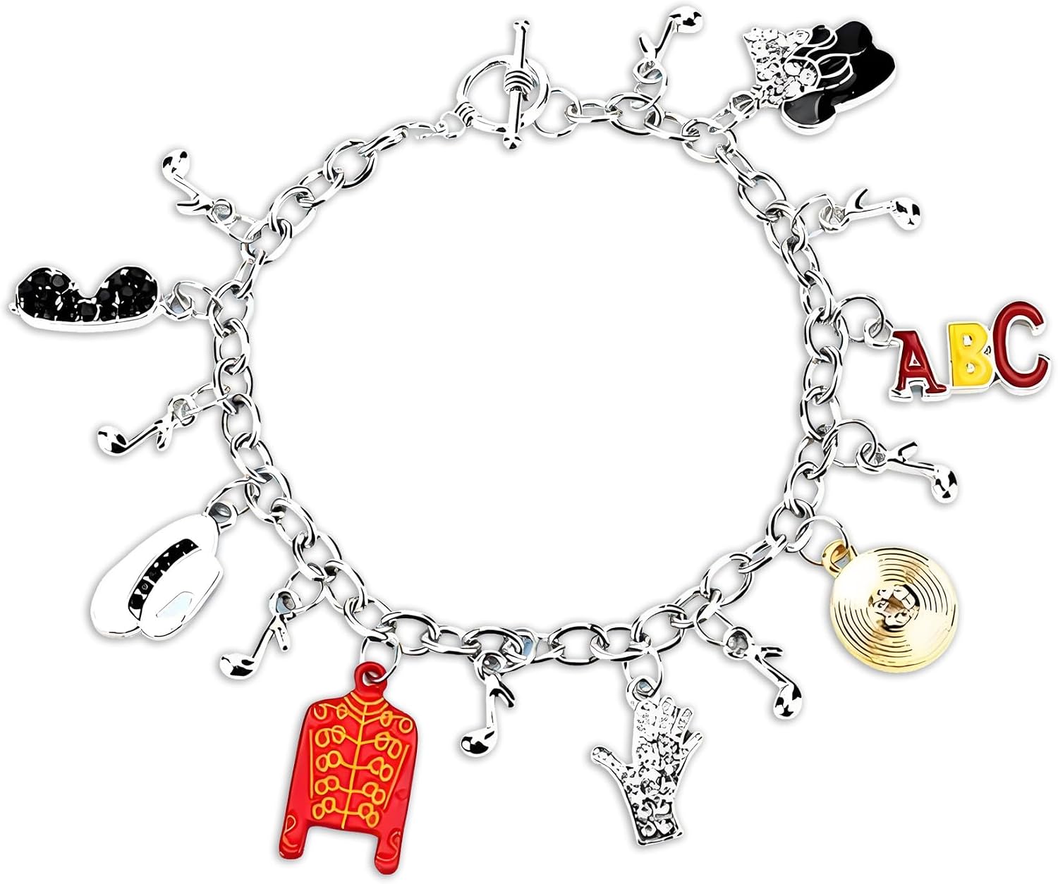 Music Inspired Charm Bracelet, Silver Chain with Red Jacket, Hat, Glove, BAD Charms, 7.29 Inch