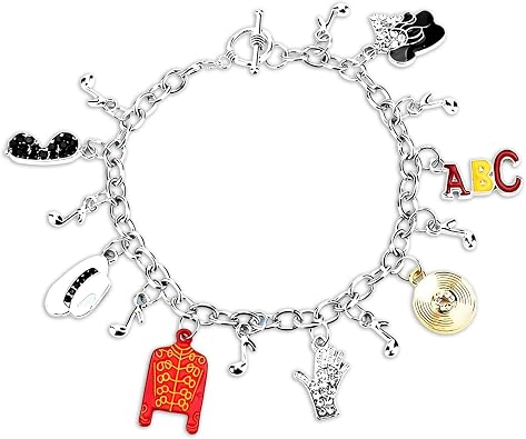 Music Inspired Charm Bracelet, Silver Chain with Red Jacket, Hat, Glove, BAD Charms, 7.29 Inch