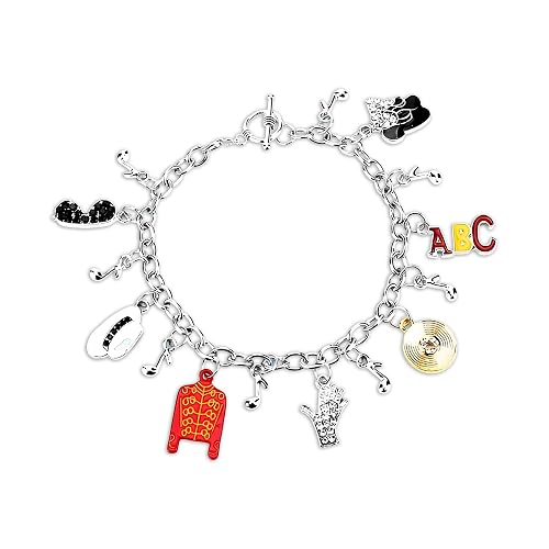 Music Inspired Charm Bracelet, Silver Chain with Red Jacket, Hat, Glove, BAD Charms, 7.29 Inch