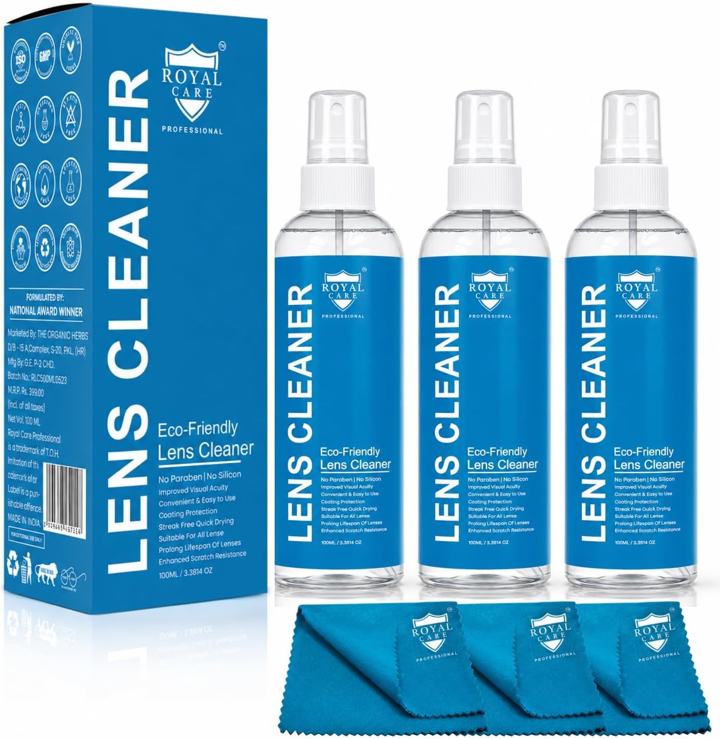 Royal Care Lens Cleaner Spray 100 ML Pack Kit – Professional Lens Cleaner Spray with Microfiber Cloths – Best for Eyeglasses, Cameras, and Lenses - Safely Cleans Fingerprints, Dust, Oil (Pack of 3)