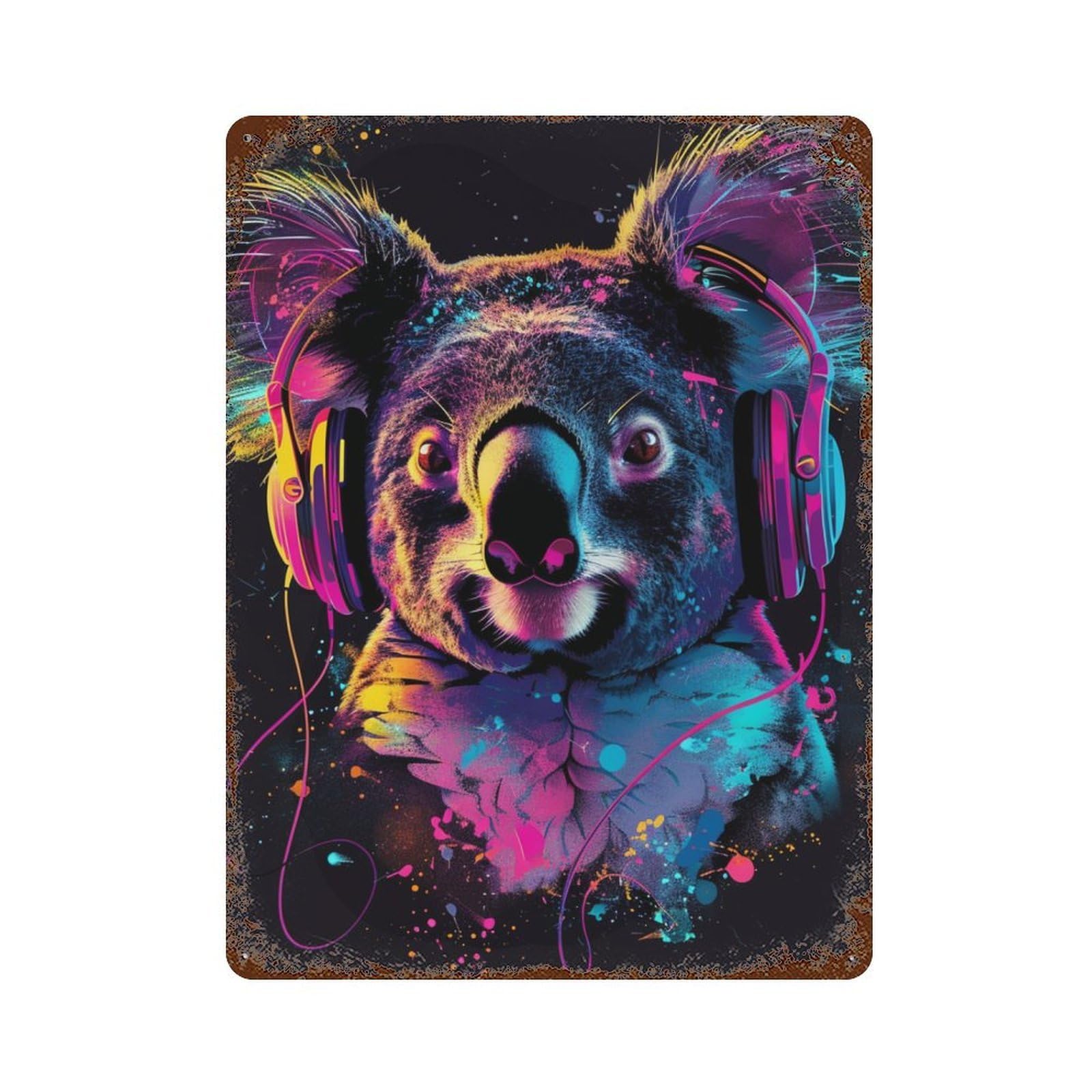 Koala Headphones Music Art Print Decorative Tin Sign 15.7"x11.8", Farmhouse Wall Decor for Garage, Bar And Workshop Decor
