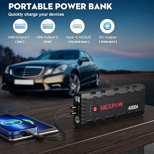 Miniatura 5 de NEXPOW Arrancador de coche G17 S40 PD60W de carga rápida, paquete de batería de arranque de pico de 4000 A (motor diesel de hasta 10.0 litros), caja