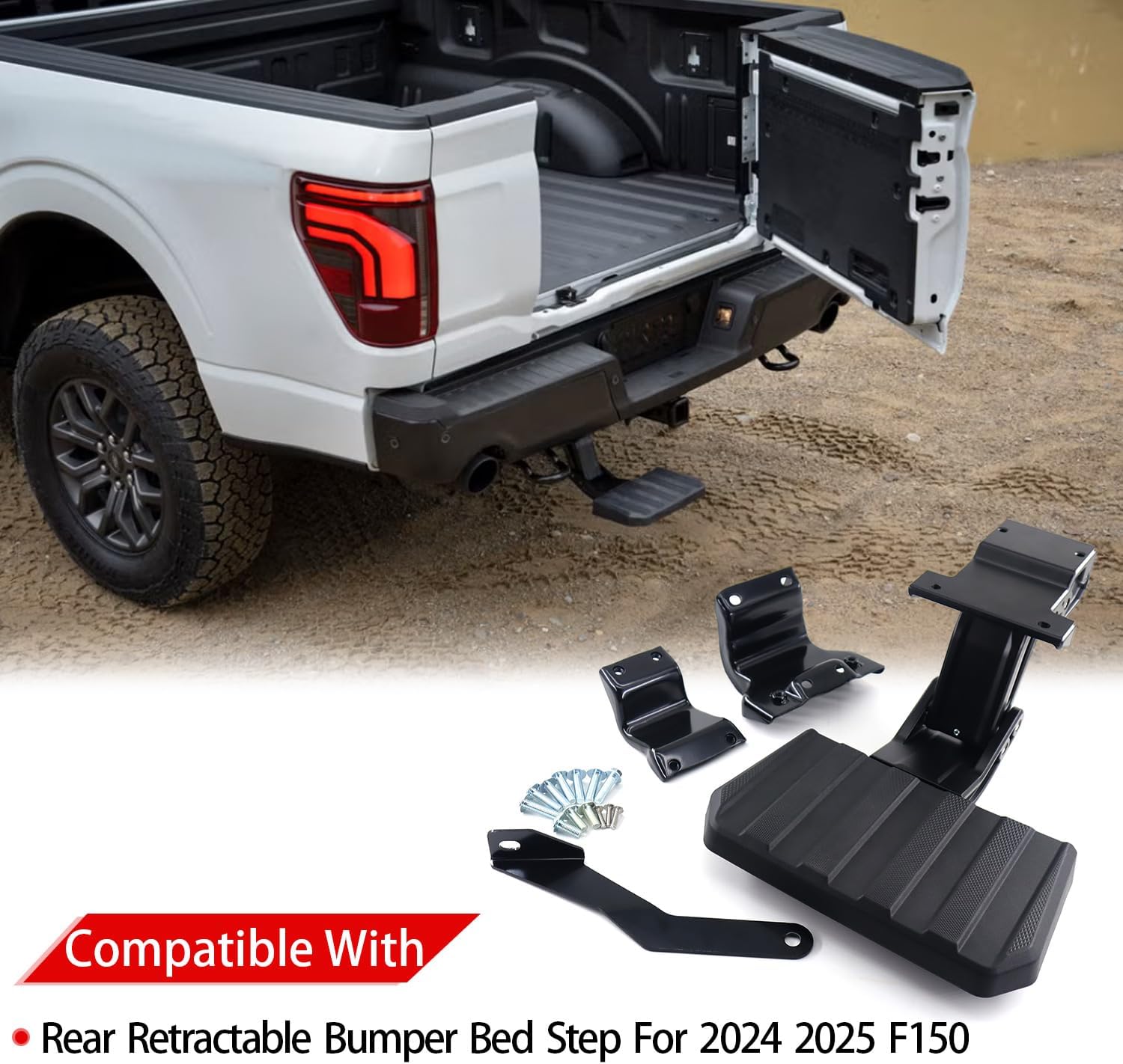 Rear Bed Step Tailgate Bedstep Compatible with 2024 2025 F150 Swing Tailgate Center Door, Folding Truck Step Retractable Bumper Tailgate Step VRL3Z-17A958-A — Not for Drop Tailgate
