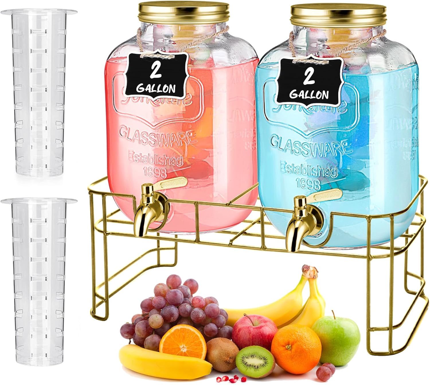 2 Pcs Glass Drink Dispenser for Parties Glass Water Beverage Dispenser with Stand Ice Cylinder 18/8 Stainless Steel Leakproof Spigot Hanging Chalkboard Signs Pen(2 Gallon)