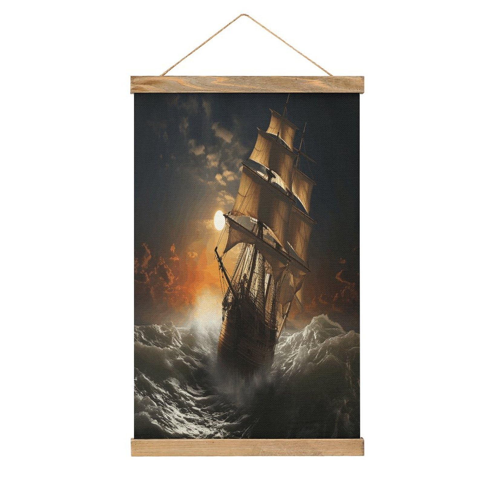 VstaDank Sailing Ship in Storm Poster with Wooden Frame Hanger Art Painting Wall Decor Poster Wall Hanging Wooden Frame 13x20 Wood Poster Hanger for Photo Picture Art Canvas Print Artwork