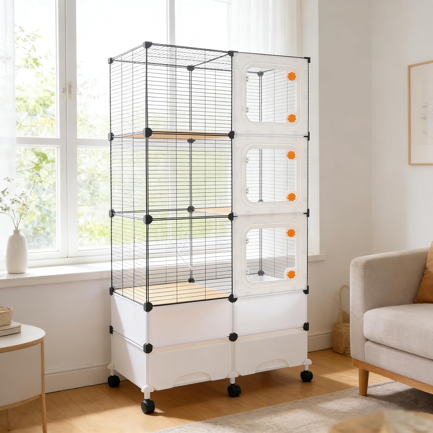 4-Tier Wide Pet Cage with 2 Drawers & 6 Brake Wheels, 74×37×155cm Large Capacity Pet Cage for Squirrel Chinchilla Bird Rabbit Ferret Home Pet Store (Black)