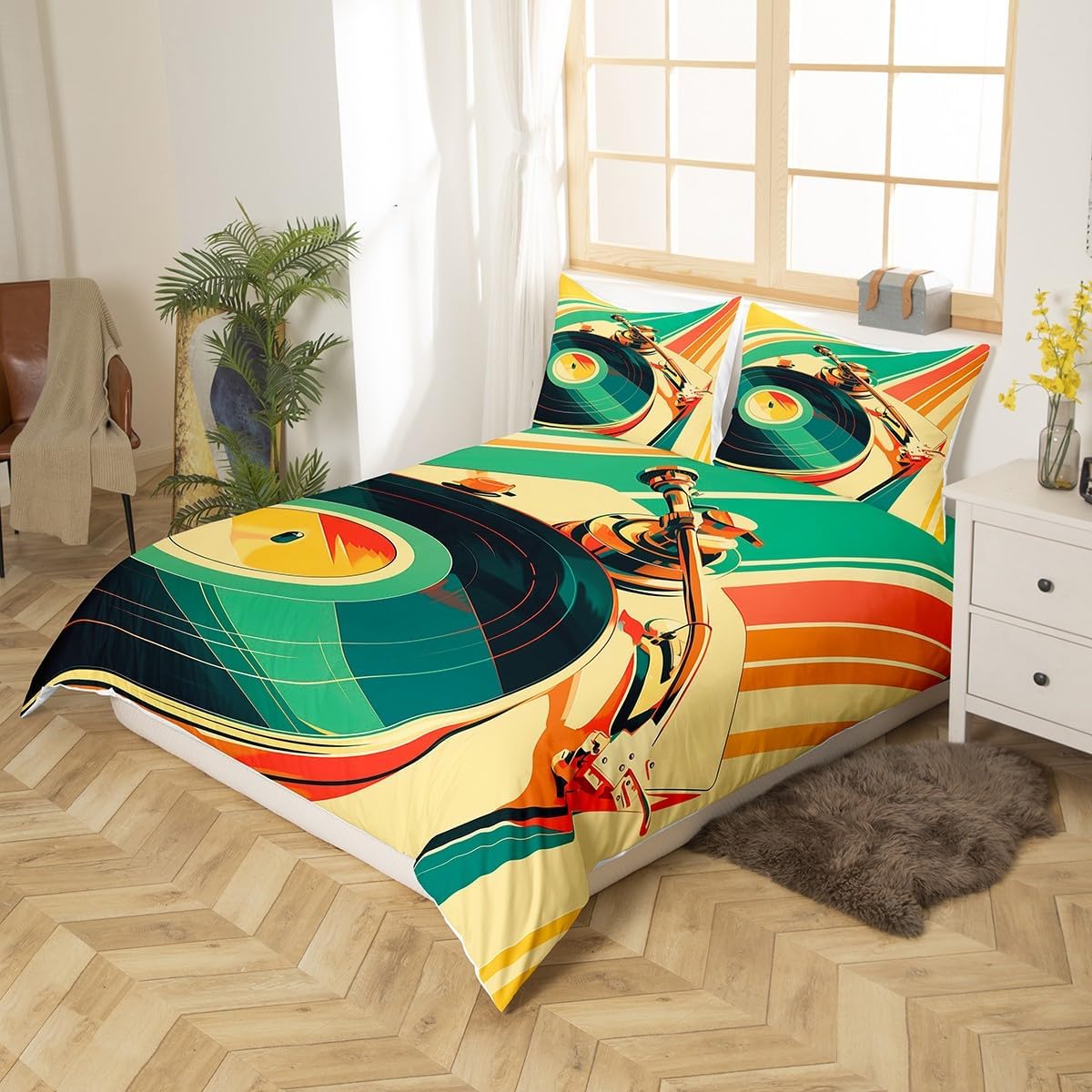 Feelyou 83s Retro Vinyl Record Duvet Cover Toddler Size Music Notes Bedding Set Music Player Vintage Music Comforter Cover Set Green Yellow Bedspread Cover Bedclothes Zipper (No Comforter)