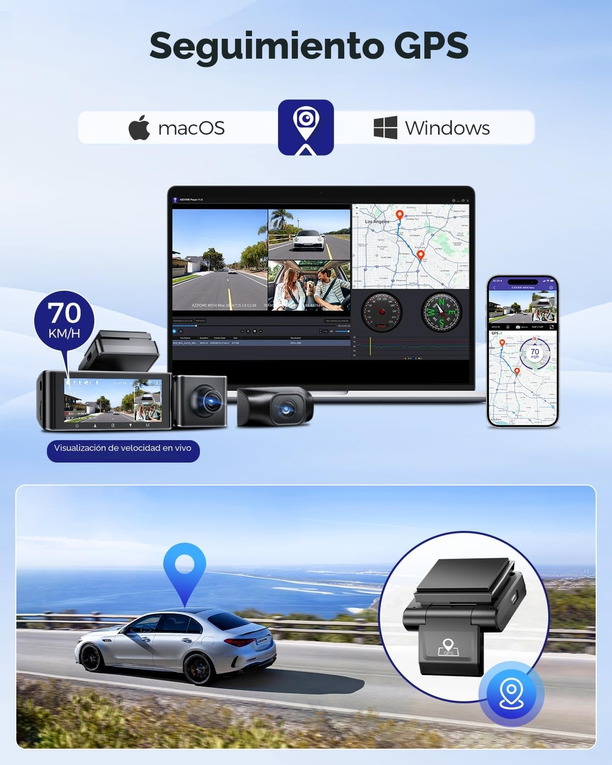 AZDOME 4K Dashcam Cámara Coche, 3 Canales 4K+1080P+2.5K Camara Coche con Tarjeta SD de 64GB (M550 MAX)