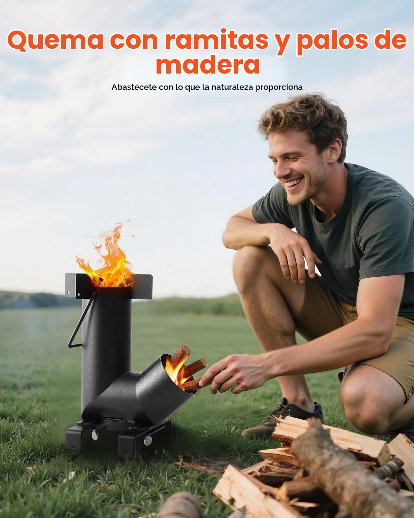VEVOR Estufa Cohete para Acampar, Estufa Portátil de Leña de Acero al Carbono con Bolsa de Transporte, Asas Laterales, Resistente para Cocinar y Calentar al Aire Libre, Senderismo, Patio, Negro
