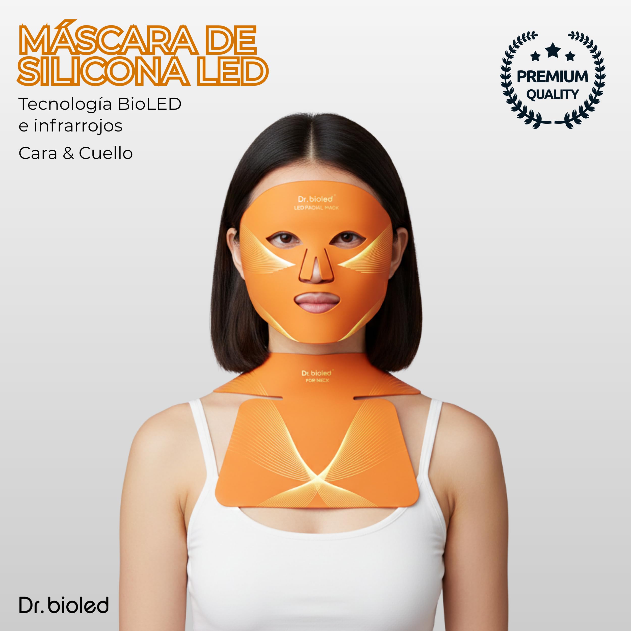 Máscara LED Facial y Cuello 488 LEDs – 8 Colores de Luz LED para Rutina de Belleza Facial – Mascarilla LED de Silicona Flexible y Cómoda – Diseño Ergonómico – DR. BIOLED