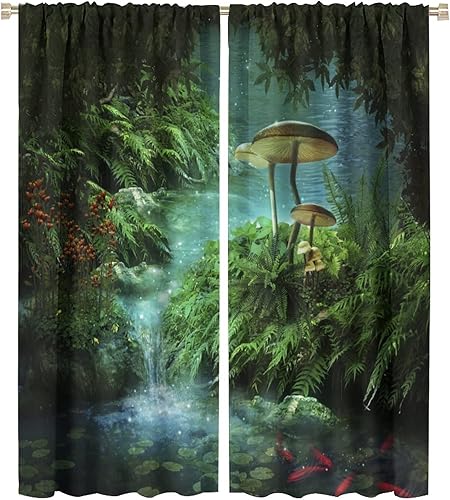 Cortinas de selva de ensueño, cuento de hadas verdes, bosque, estanque, helecho, planta de helecho, pez dorado rojo y hongo, adecuadas para sala de