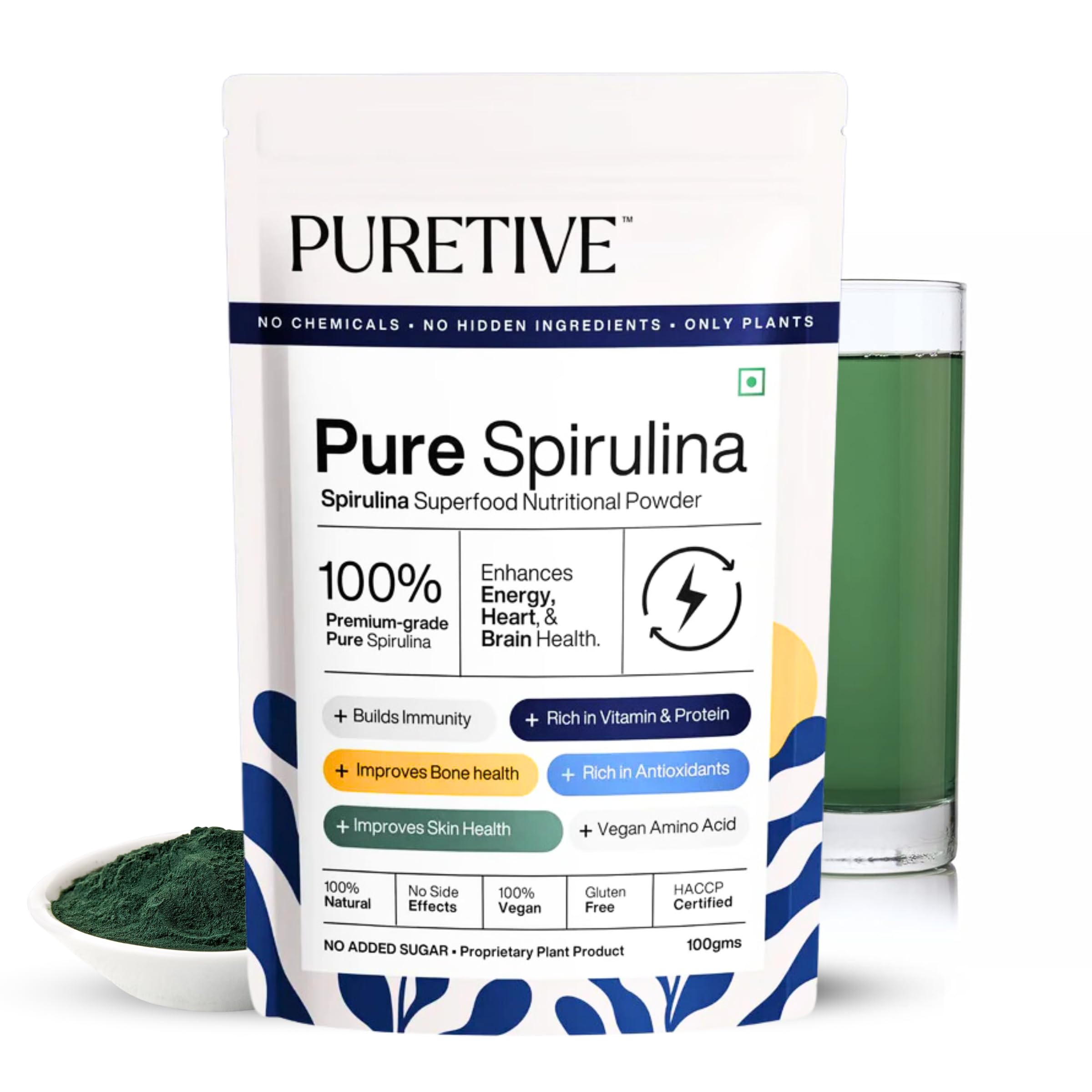 Puretive Spirulina Powder | Superfood for Weight Management & Immunity - Rich in Protein, Vitamins & Minerals | Ideal for Men and Women | 100% PURE, Non-GMO, Vegan | Just Mix & Sip | 100gms