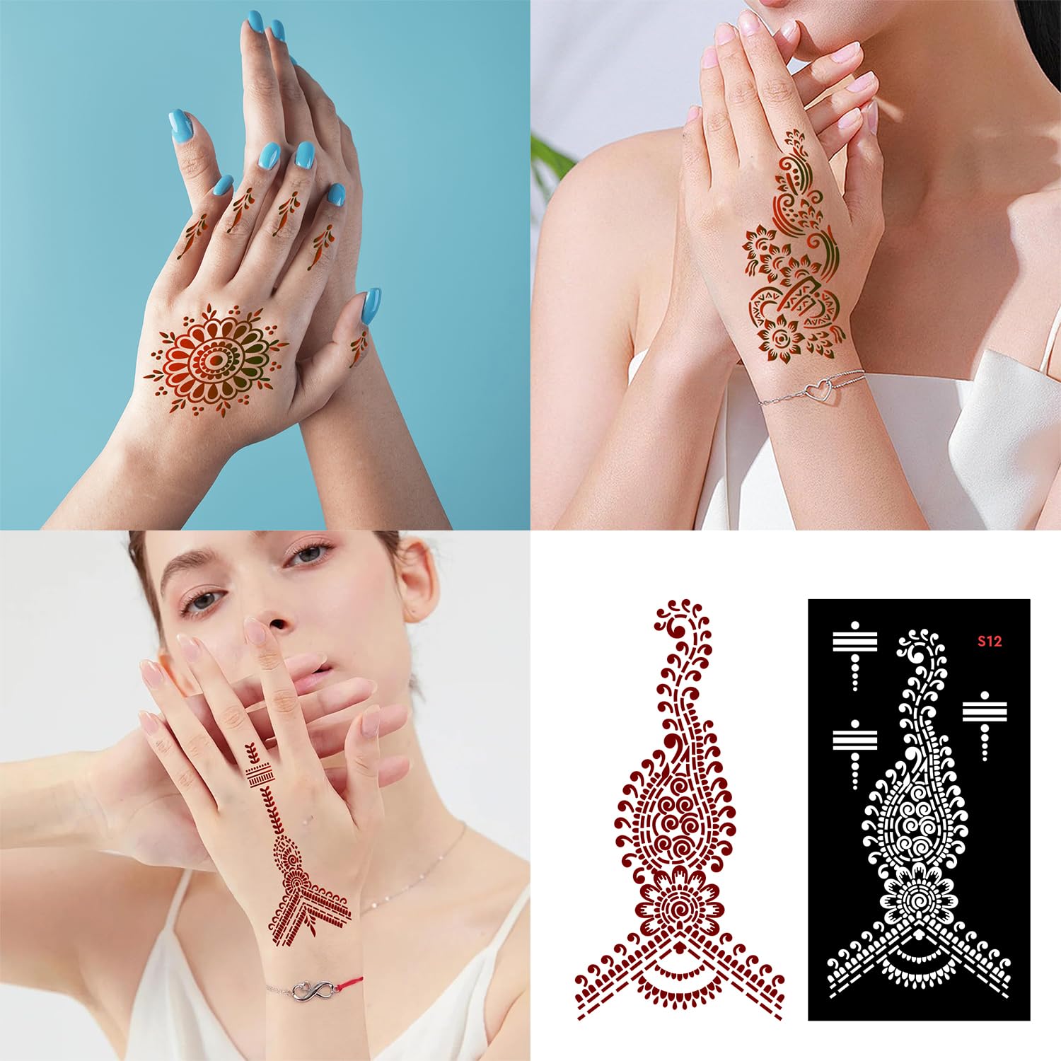 Reusable Henna Stencil with Rose and Floral Design, Temporary Tattoo Body Art Template for Hands and Fingers 2