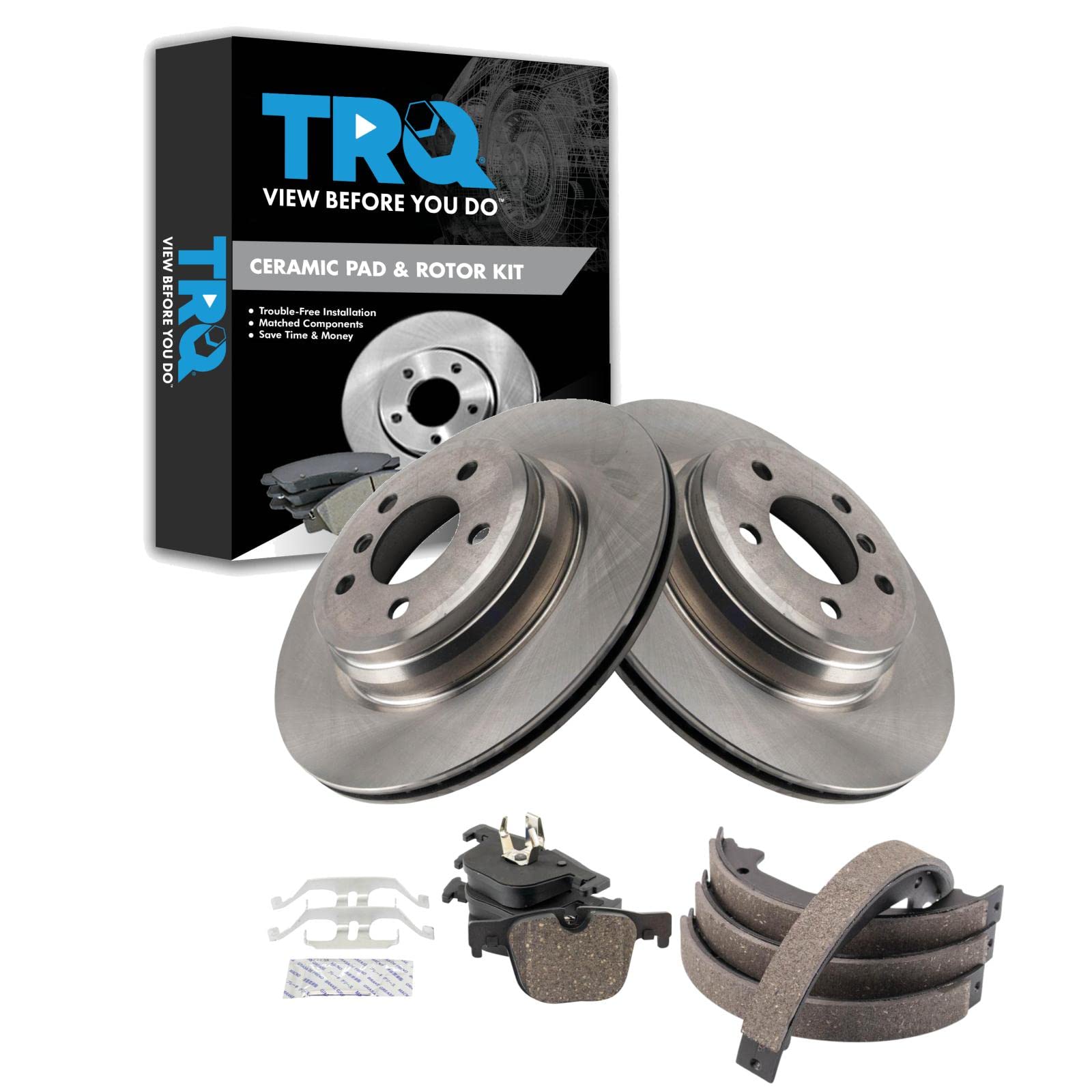 TRQ Rear Brake Pad and Rotor Set Ceramic Rotors Parking Shoe Compatible with 2015-2016 BMW 428i Gran Coupe 2016 428i 428i xDrive