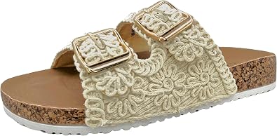 TruFox Womens Crochet Double Strap Flat Sandals with Cork Footbed