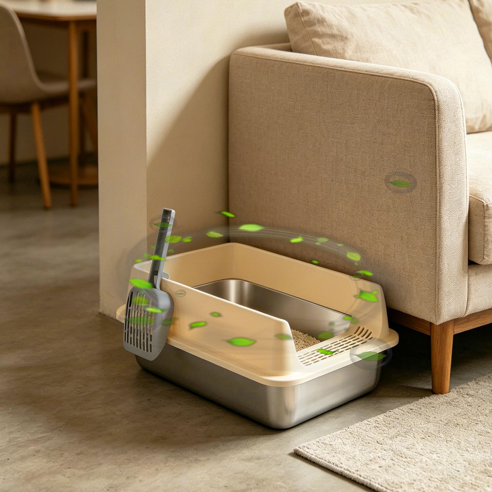 Bac Litière INOX XXL, Grande Litière pour Chat Bord Haut 30cm Anti-Projection, Toilette Chat Métal Ouverte avec Pelle et Pédale, Facile à Nettoyer, Kaki (60x40x30cm)