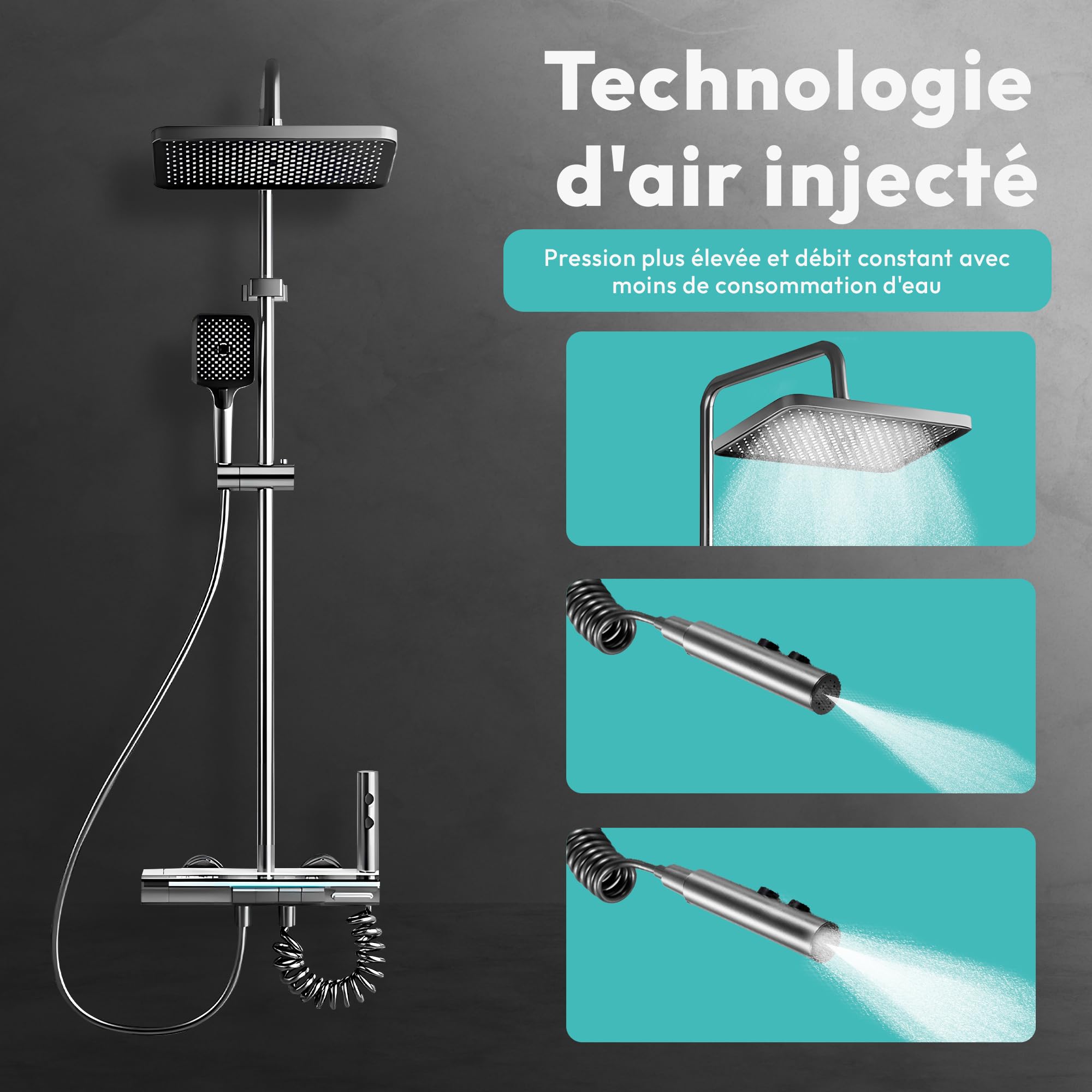 JUPPLIES Colonne de Douche Thermostatique Noir Titanium 4 en 1 – Effet Pluie 25cm | Écran LED | Mitigeur Céramique | Douchette + Cascade Baignoire | Kit Douche Complète Noir Mat
