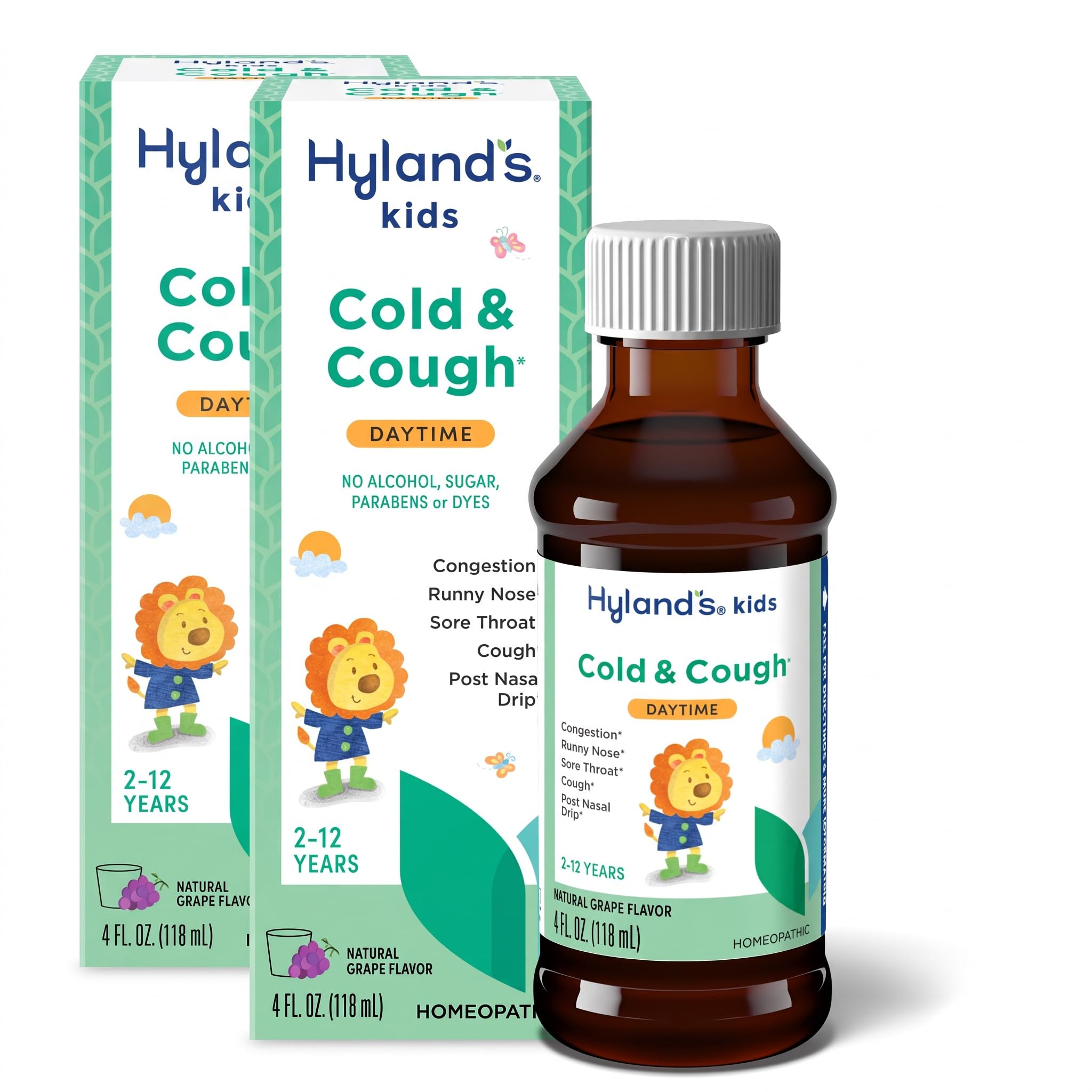 Hyland's Kids Cold and Cough, Daytime Grape Flavor Cough Syrup Medicine for Kids Ages 2 and up, Decongestant, Sore Throat Relief, Natural Treatment for Common Cold Symptoms, 4 Fl Oz (Pack of 2)
