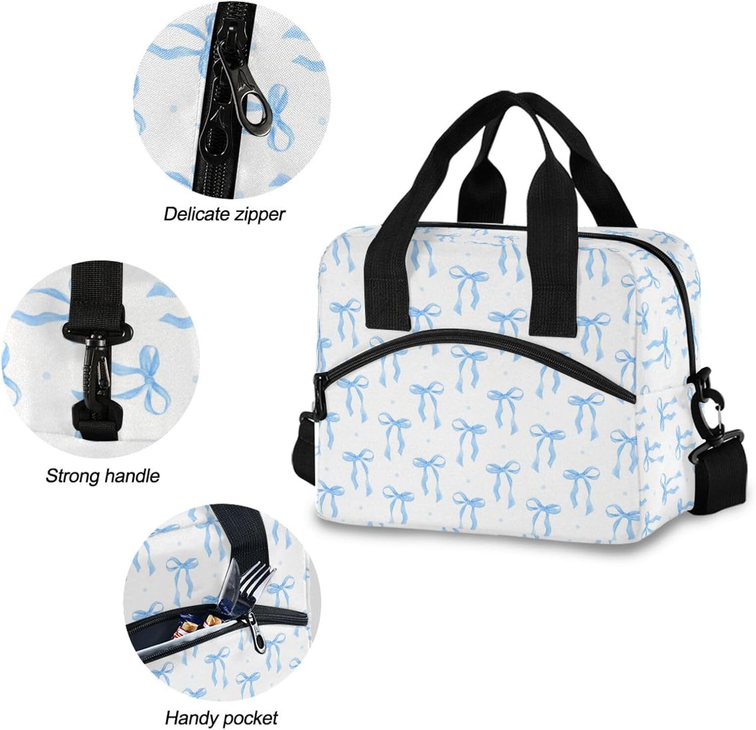 Blue Bow Lunch Bag Insulated, Reusable Cooler Tote Bag with Removable Shoulder Strap, Lunch Box for Office Travel Outdoor Picnic - Image 5