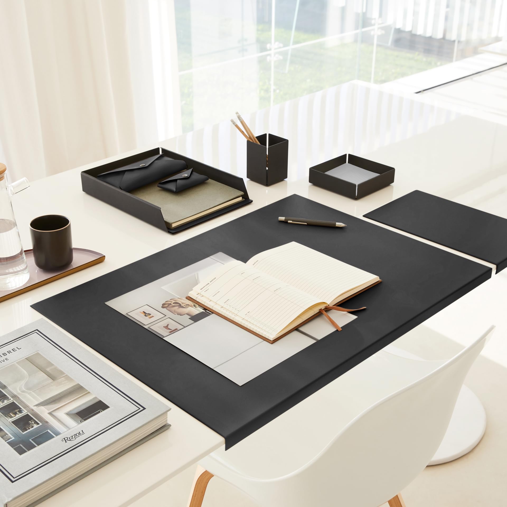 Talia Scrivania Ufficio in Cuoio Nero cm 90x60 Design Moderno Acciaio Profilo a L Made in Italy