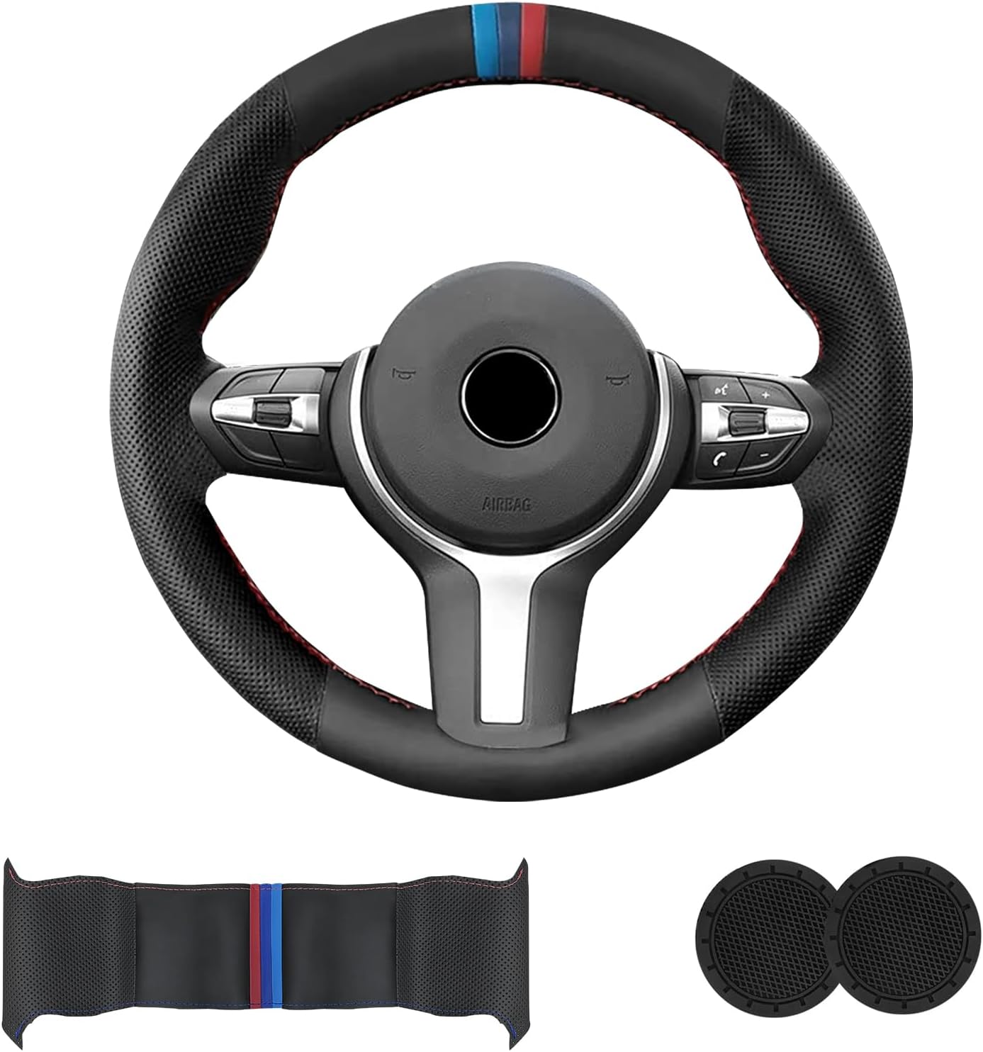 Microfiber Leather DIY Steering Wheel Cover for BMW X5 X2 M F85 X6 M F86 M Sport F30 F33 M3 F80 M4 M5 F82 M2 F87 M6 F12 F13 Accessories, Hand Stitched Full Wrap Steering Wheel Protector (Black)