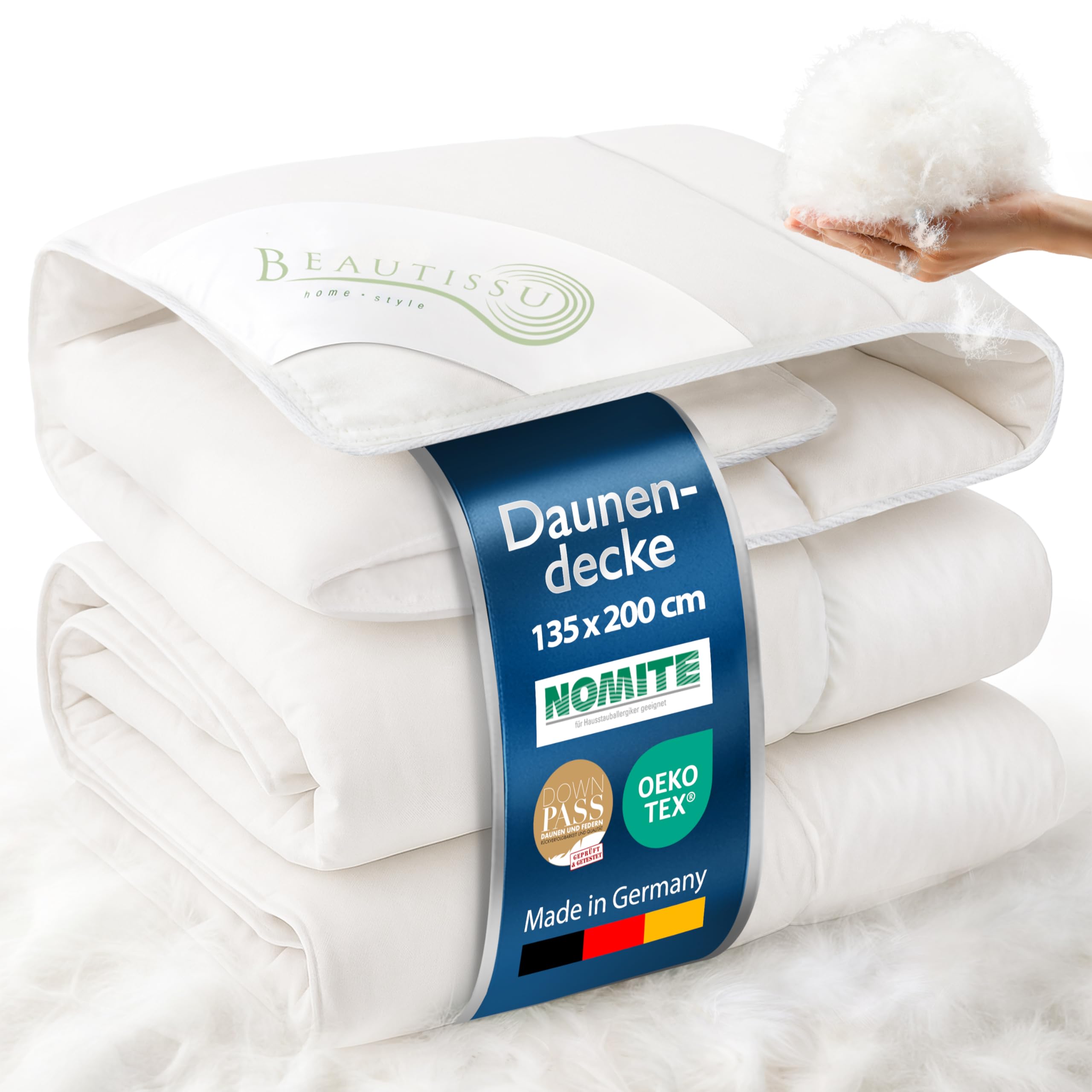 Beautissu Daunendecke Winter Ganzjahresbettdecke 90% Daunen | 135x200 Downpass Nomite Baumwollbezug 4 Jahreszeiten Federbettdecke waschbar Bettdecke Winterbettdecke warm Premium
