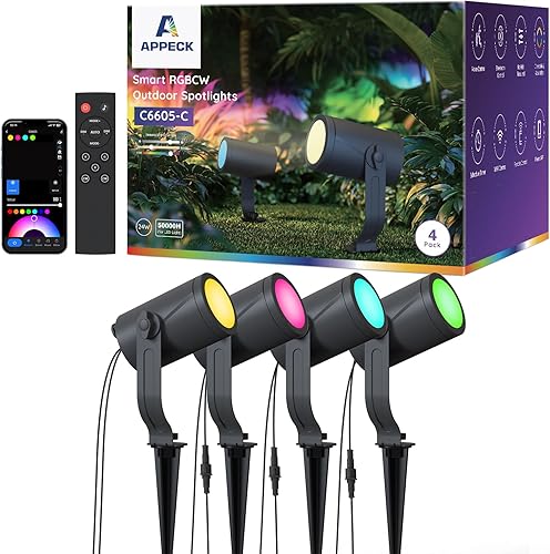 APPECK Luces inteligentes para exteriores de 24 W, RGBCW luces de paisaje que cambian de color, paquete de 4, IP65, impermeable, bajo voltaje,